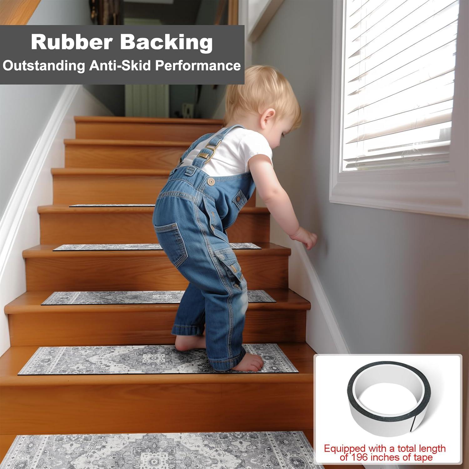 Capslpad Stair Treads Non Slip, 15 Pack 30"X8" Super Non Slip Reusable Staircase Step Treads, Soft Rubber Stair Treads for Wooden Steps, Pets, Elders (Grey)