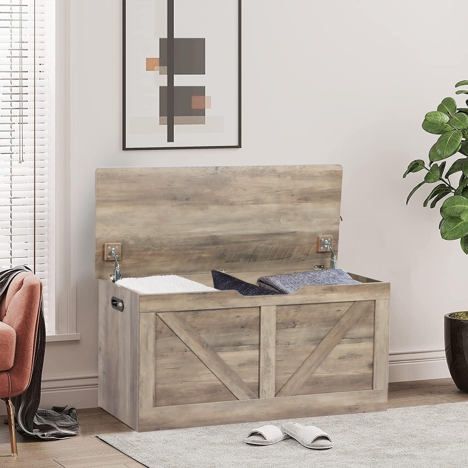 39.4" Storage Chest, Wooden Storage Bench, Large Storage Trunk with 2 Safety Hinges, Entryway Shoes Bench for Living Room, Bedroom, Grey