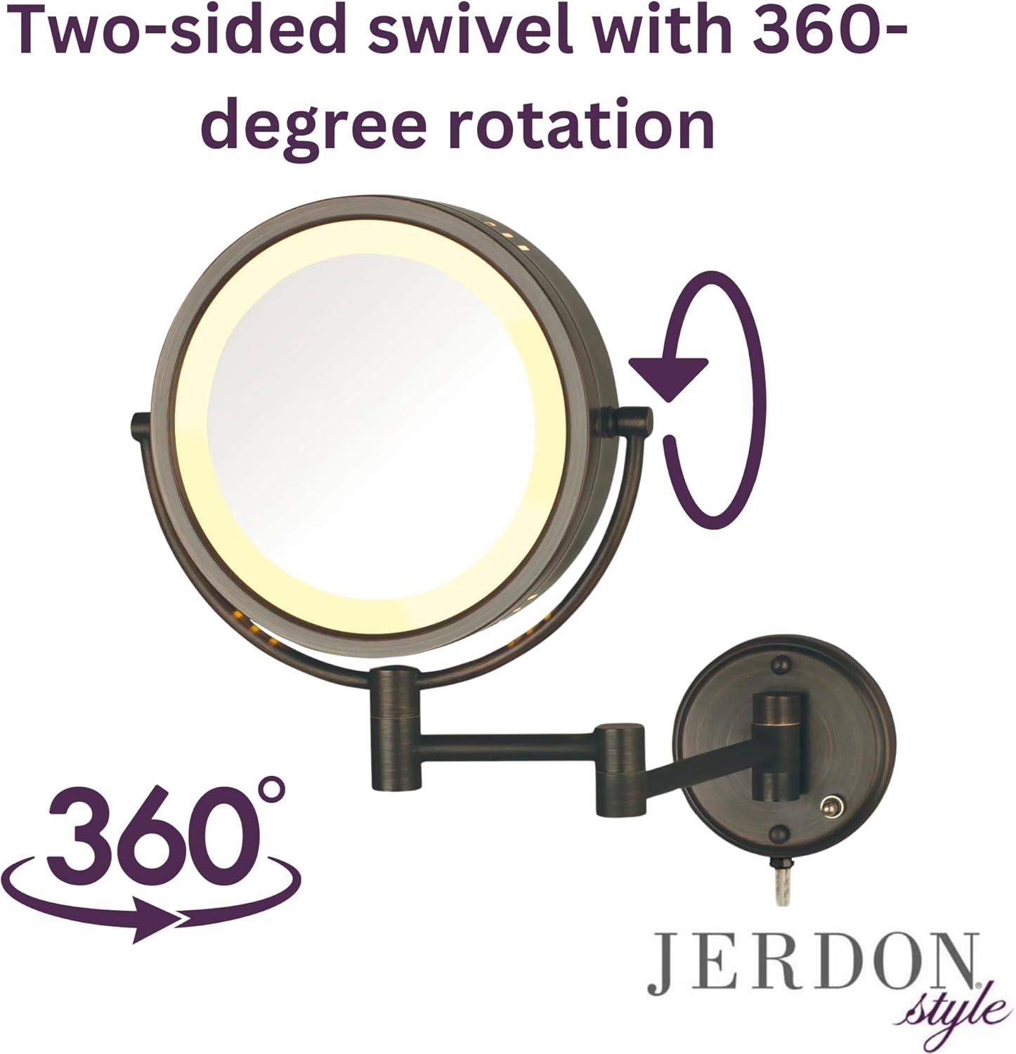 Jerdon 8.5 inch Diameter Wall-Mounted Lighted Makeup Mirror with 8X-1X Magnification, Bronze Finish, Direct Wire-Model HL75BZD