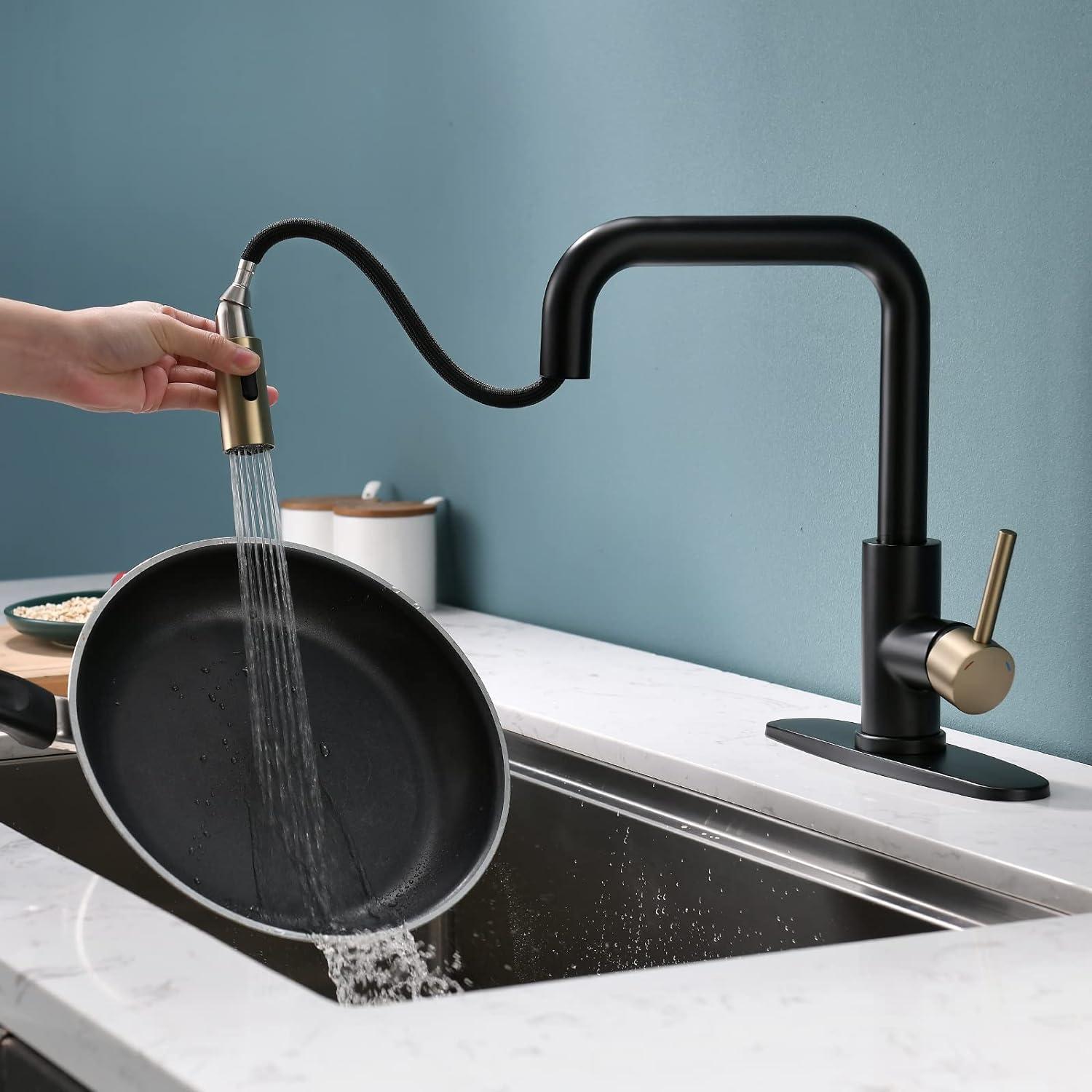 Matte Black and Brushed Gold Stainless Steel Pull-Out Kitchen Faucet