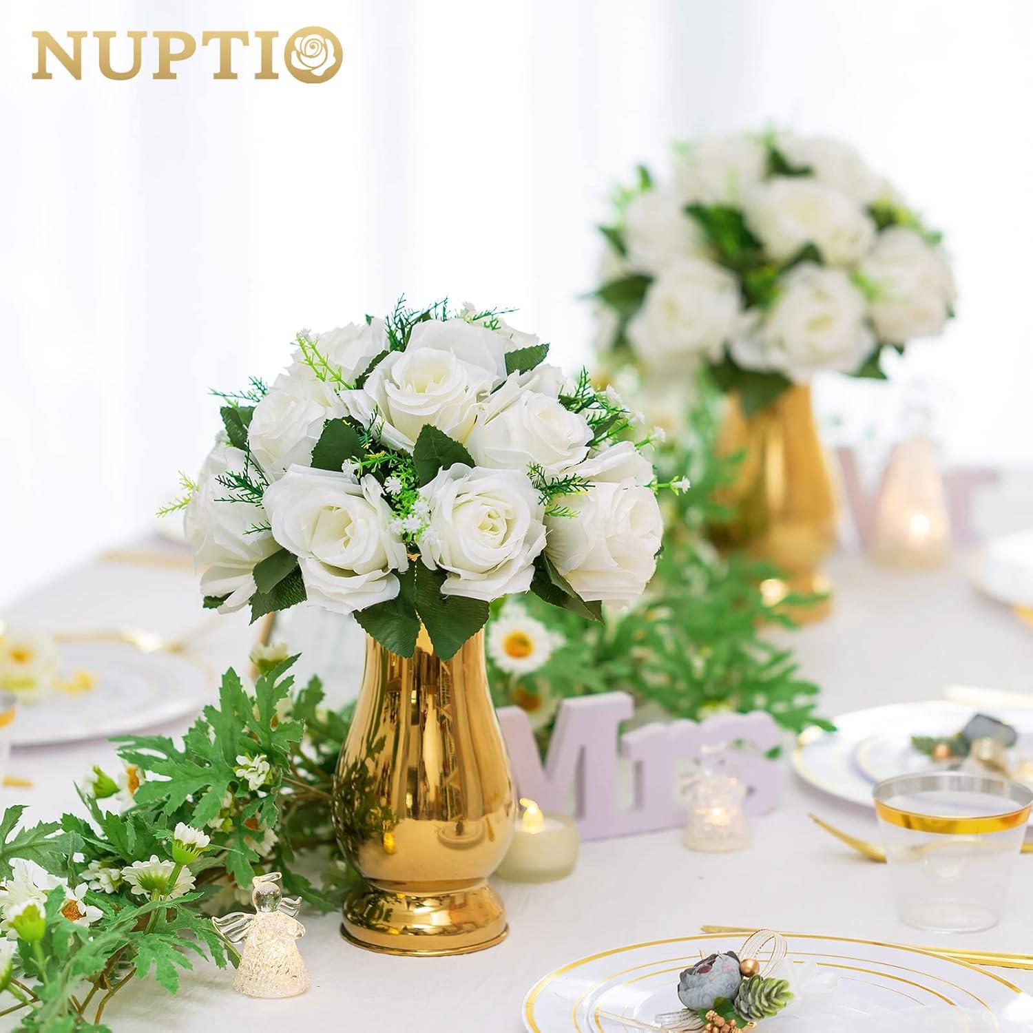 Nuptio Set of 10 White Rose Artificial Flower Kissing ball, 15 Heads Fake Peony Silk Flowers Bouquet for Centerpiece Wedding Birthday Party Home Table Decor