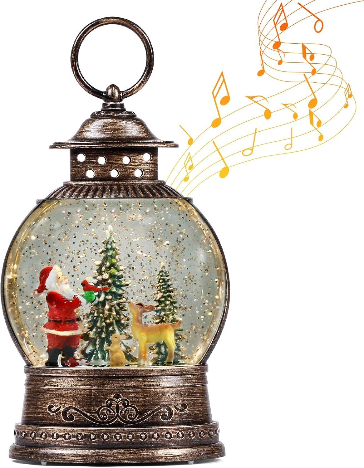 Vintage Brass Musical Santa Christmas Snow Globe Lantern