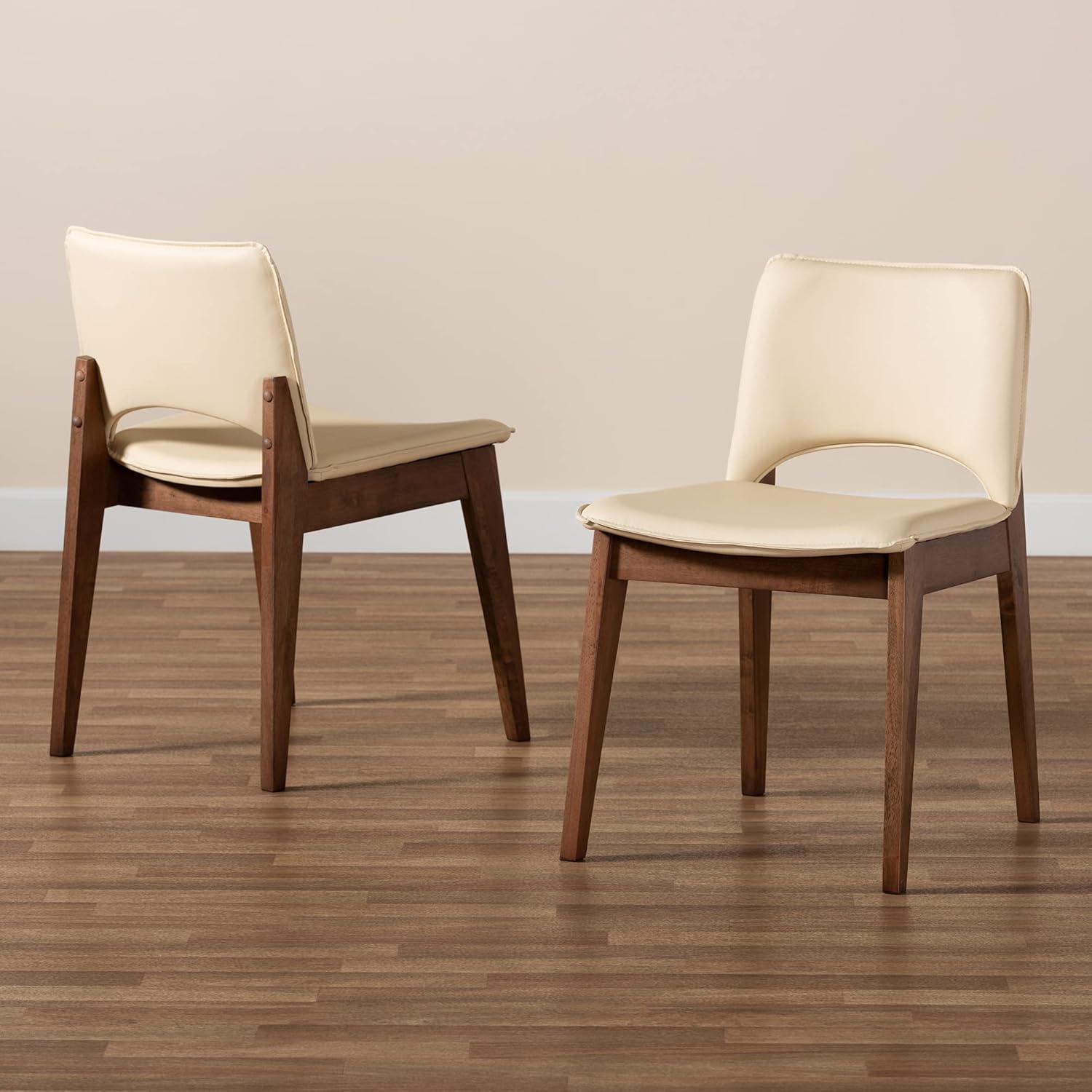 Beige Faux Leather Upholstered Dining Chairs with Walnut Wood Frame