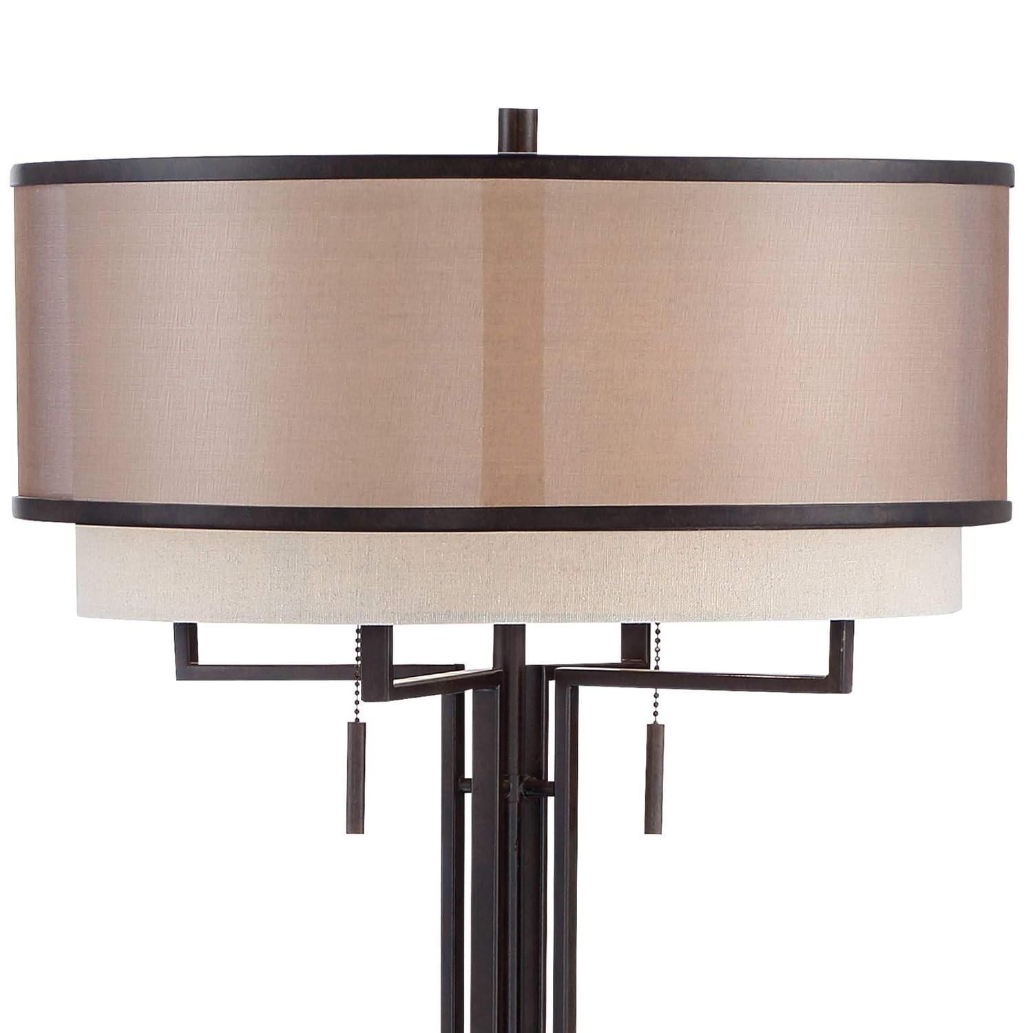 Franklin Iron Works Alamo Industrial Rustic Floor Lamp 62" Tall Bronze Metal Sheer Organza Outer Linen Fabric Inner Double Drum Shade for Living Room