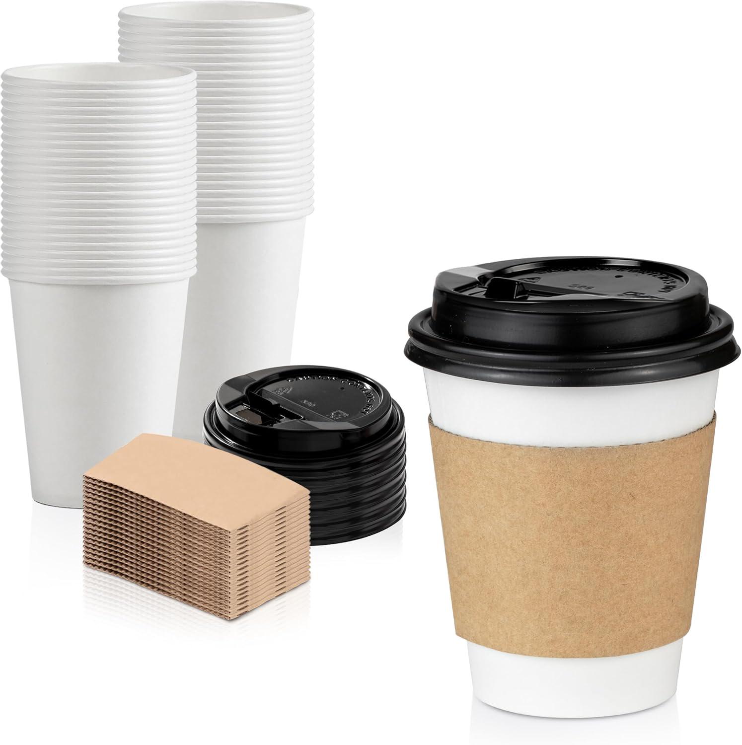 8 oz White Disposable Coffee Cups with Lids and Sleeves