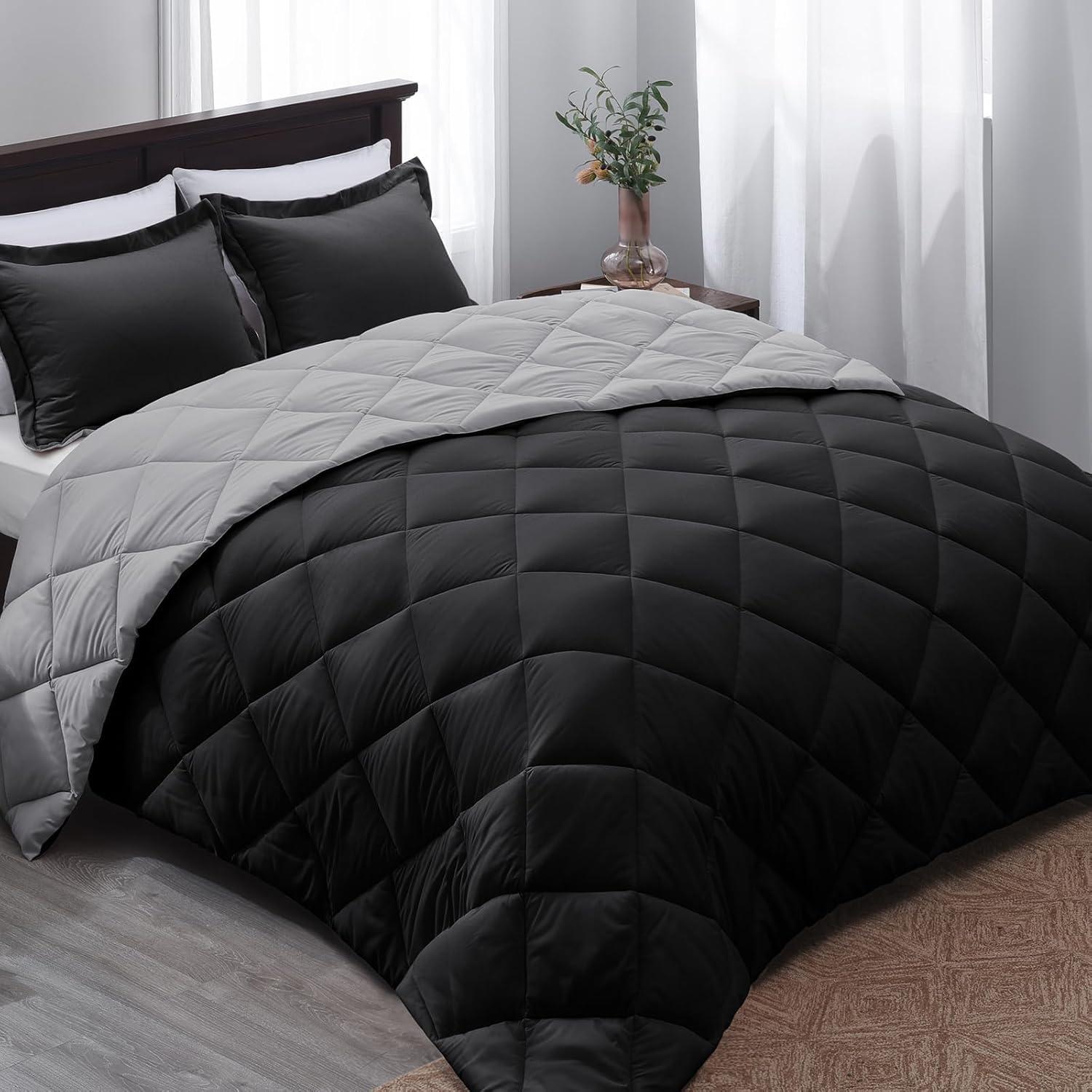 Queen Black and Grey Reversible Microfiber Comforter Set