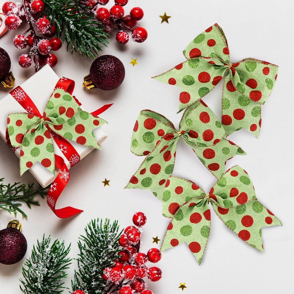 Sandistore Cute Cars 12pcs Christmas Tree Bows Ornaments 6 Inch Large Christmas Wreath Bows Red Green Xmas Tree Bows Christmas Glitter Dot Bows Ribbons Decoration For Garland Diamonds for Crafts