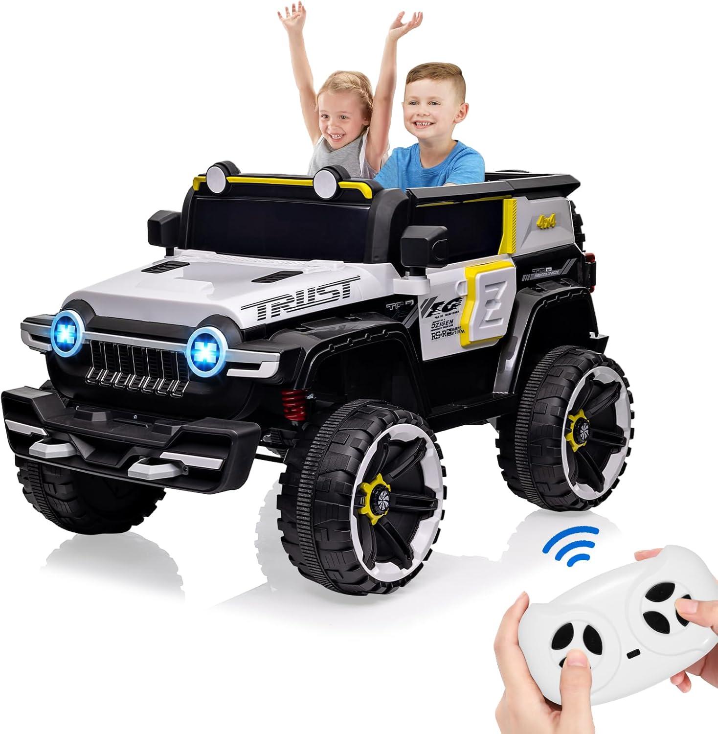 Tuekys 2 Seater Kids Ride On Truck, 12V Battery Powered Electric Vehicle with Spring Suspensions, Remote Control, Decorative Spare Tire, USB, Music, White