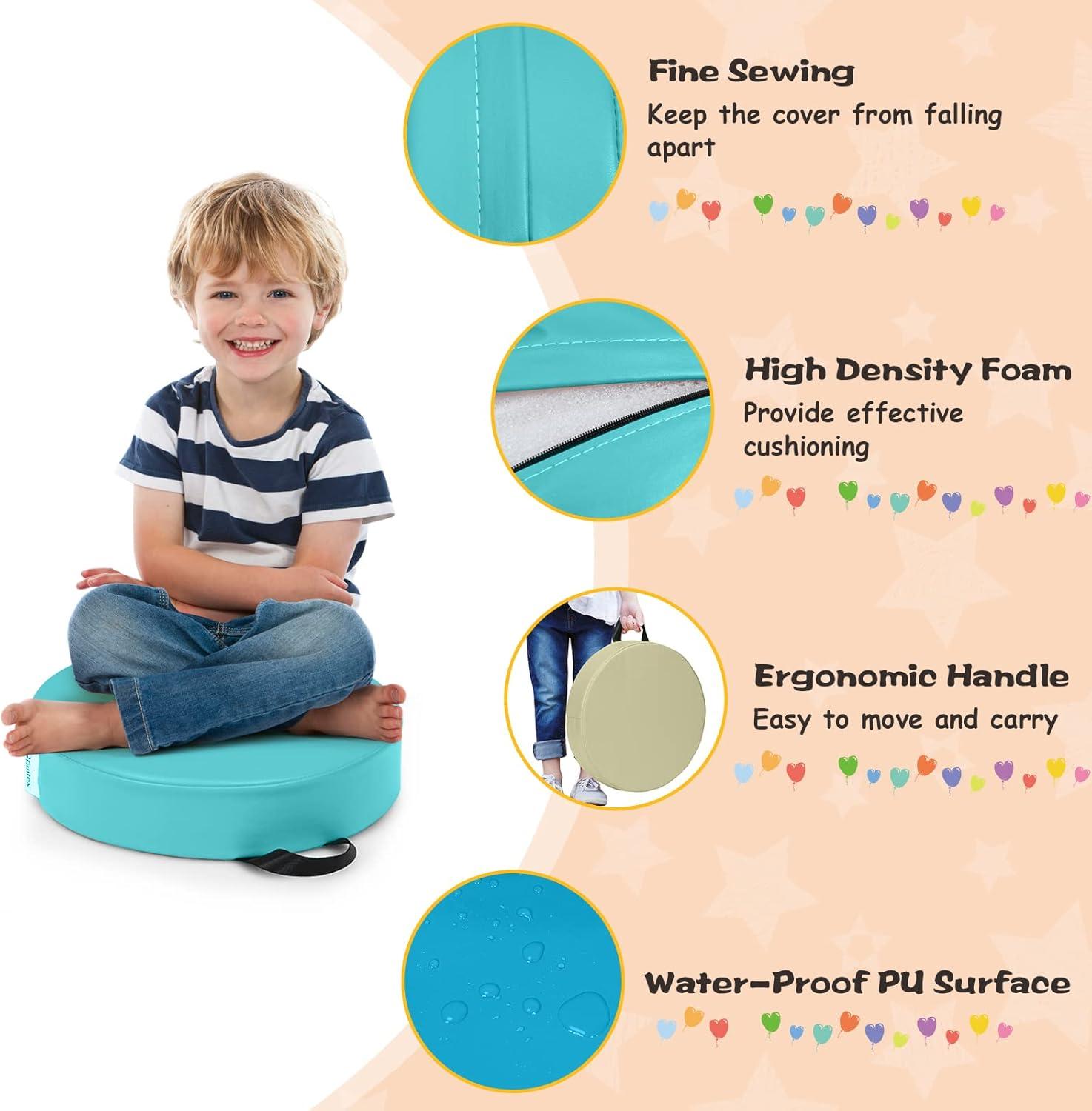 KOTEK 6 Pcs 15'' Kids Floor Cushions with Handles, Thick Foam Circle Floor Seats, Soft Flexible Seating for Classroom Elementary, School, Daycare, Kindergarten, Preschool & Playroom (3'' Round, Blue)