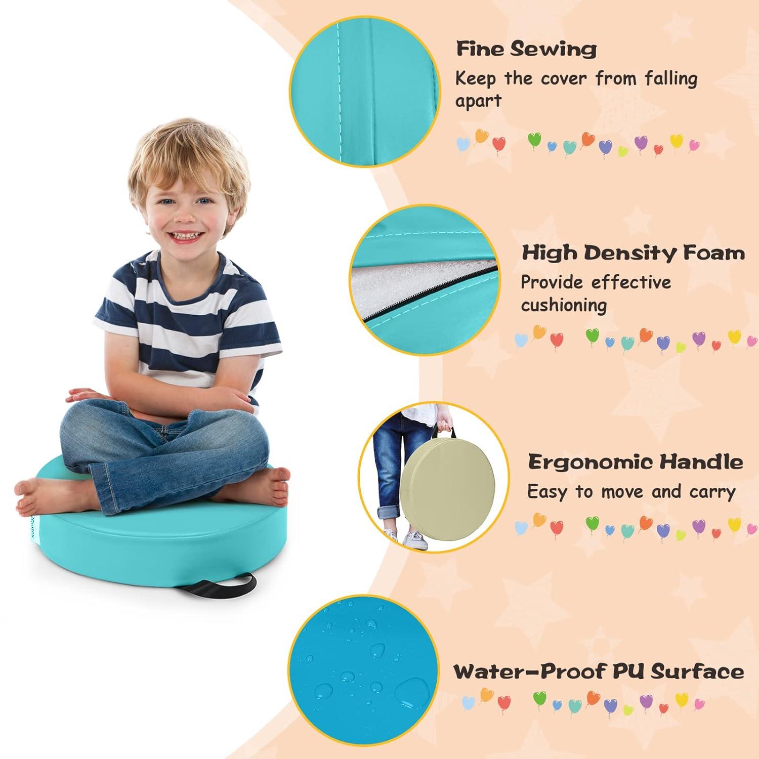 KOTEK 6 Pcs 15'' Kids Floor Cushions with Handles, Thick Foam Circle Floor Seats, Soft Flexible Seating for Classroom Elementary, School, Daycare, Kindergarten, Preschool & Playroom (3'' Round, Blue)