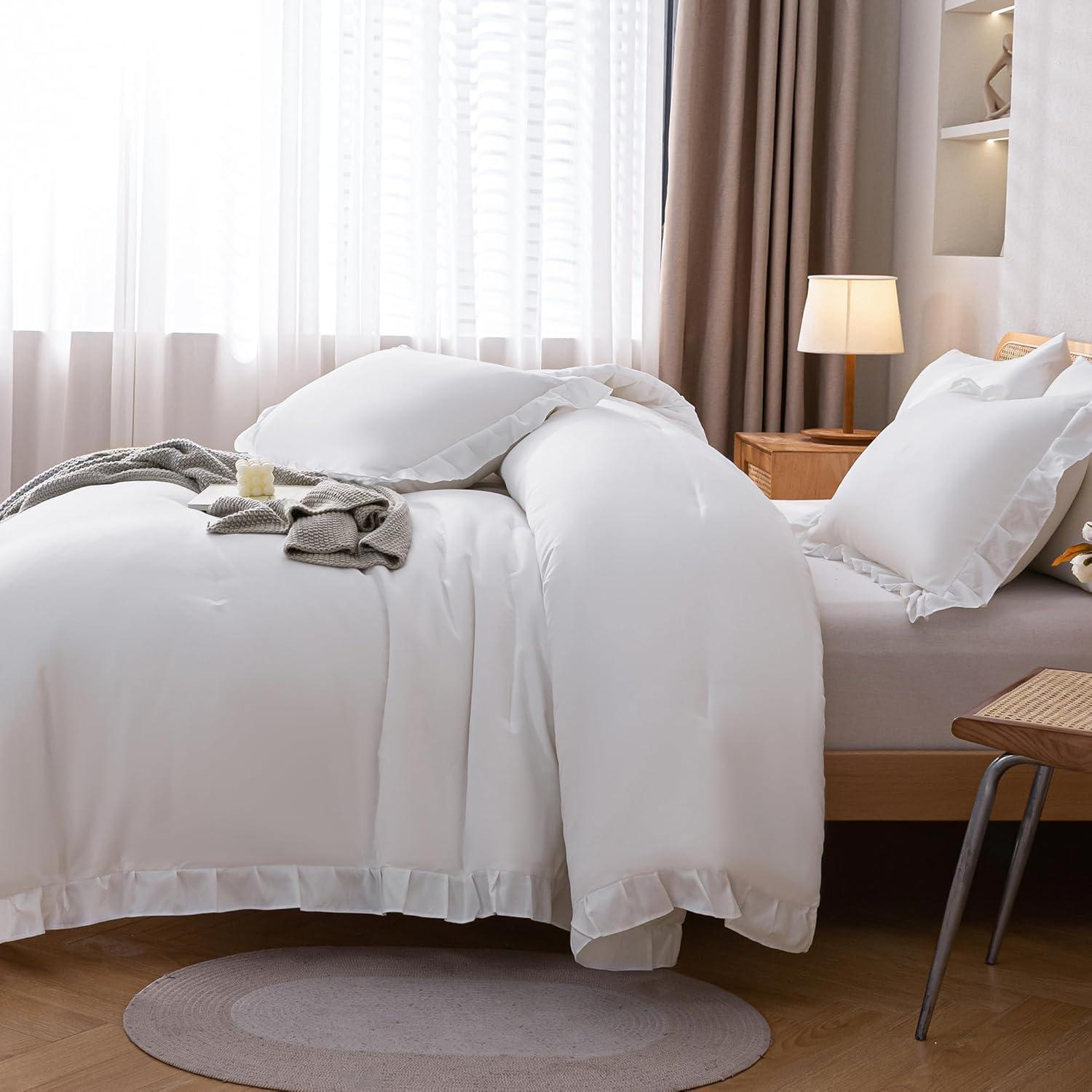 White Microfiber Queen Ruffle Comforter Set with Pillowcases