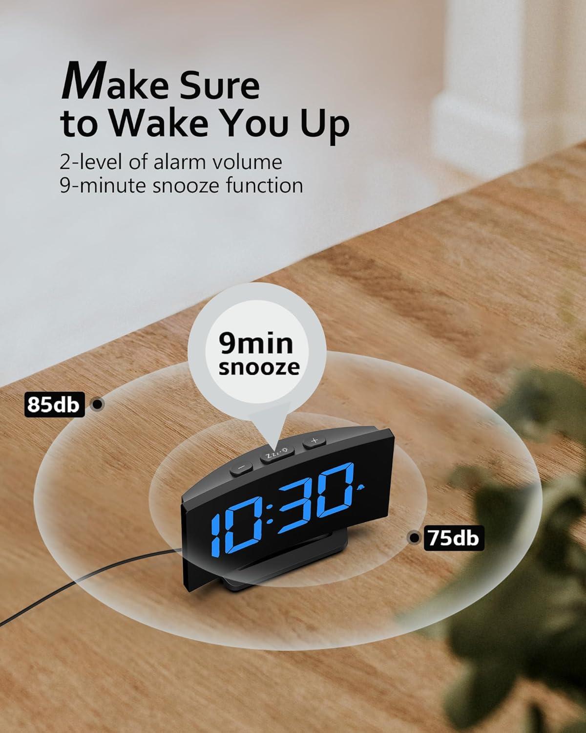 Curved Black Digital Alarm Clock with Blue LED Display