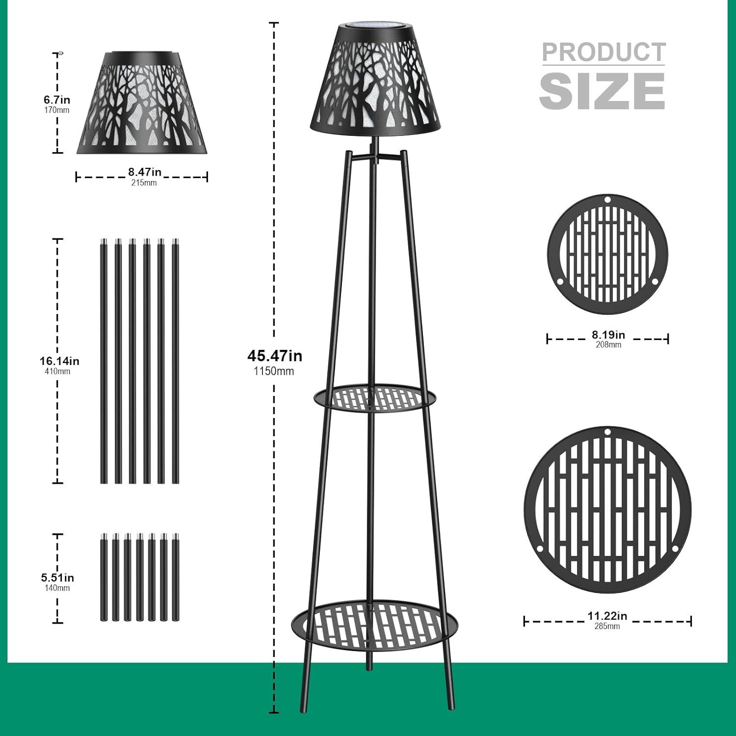 2 Pack 45.5'' Outdoor Floor Lamps with 2 Tier Plant Stand, Solar Powered Metal Waterproof Lights for Patio Deck Yard Garden Porch Decor
