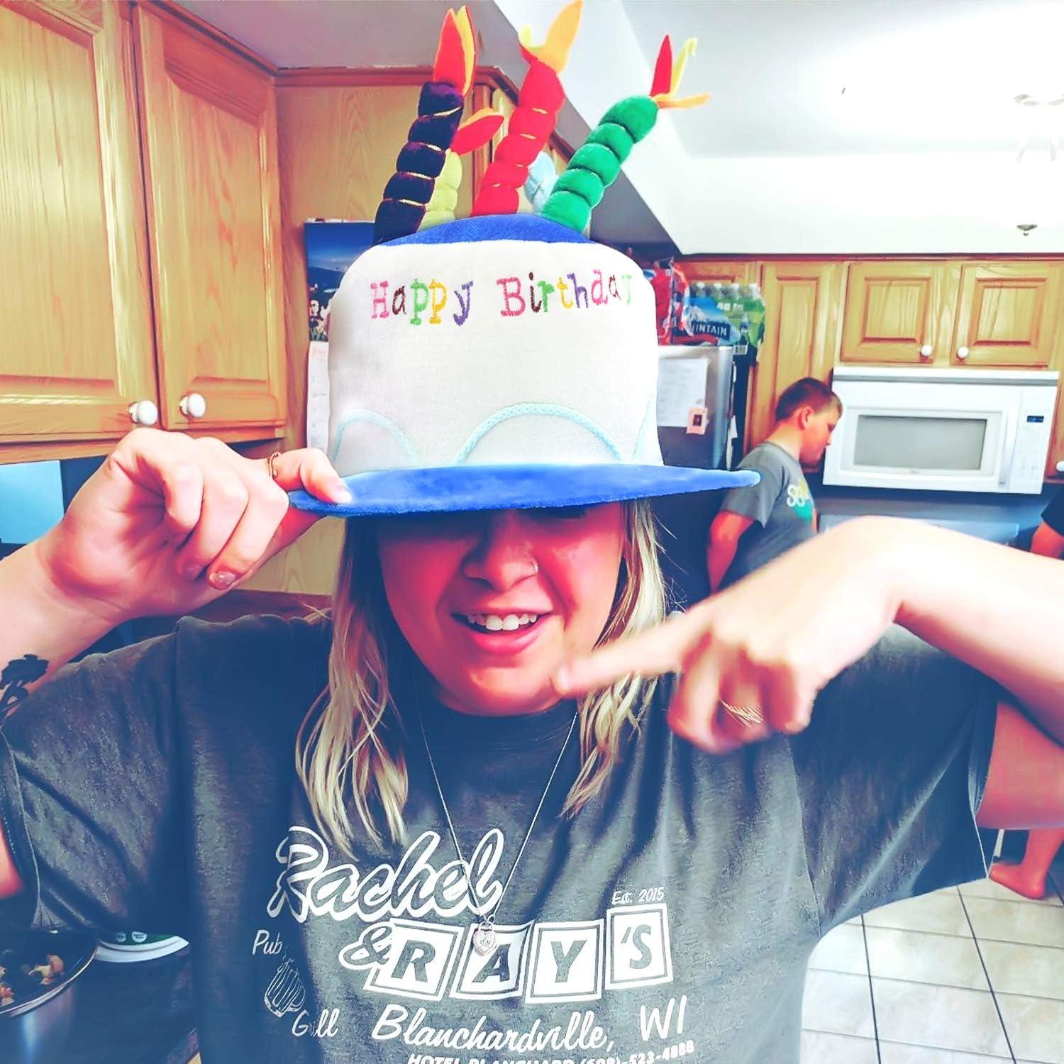 Novelty Place Plush Happy Birthday Cake Hat - Unisex Adult Size Fancy Dress Party Hats - Perfect as Party Favors, Costume Accessories - Cake & 5 Multicolor Candles