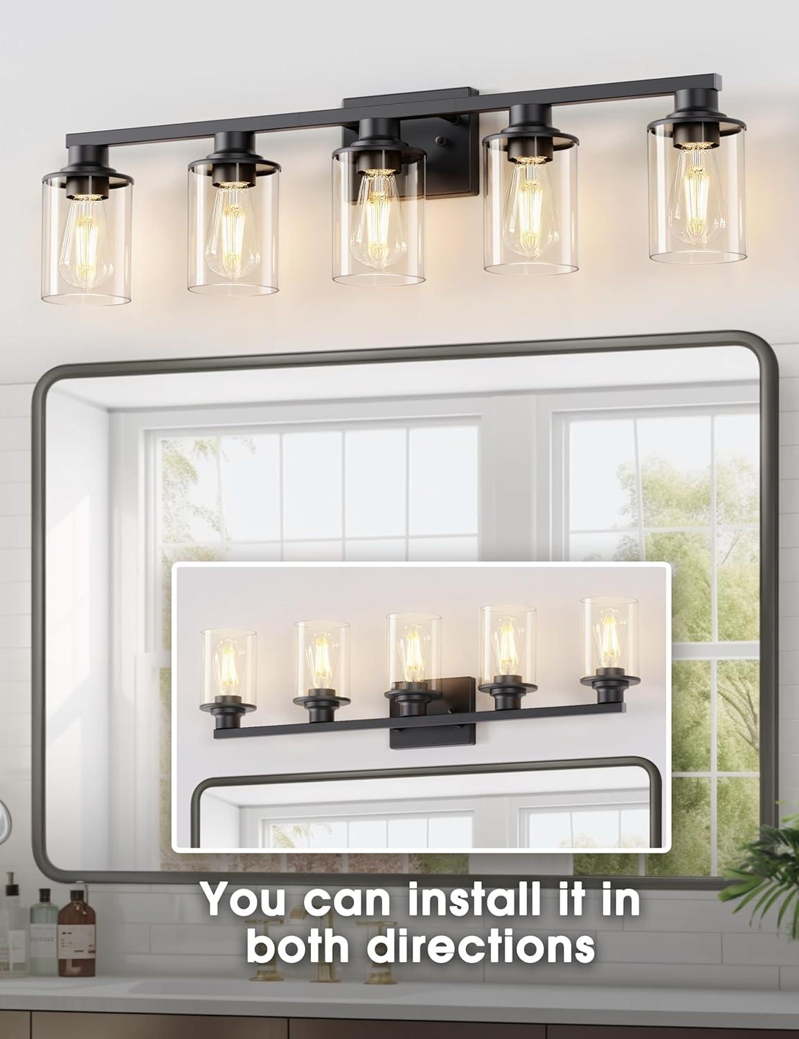 Matte Black 5-Light Bathroom Vanity Fixture with Glass Shades