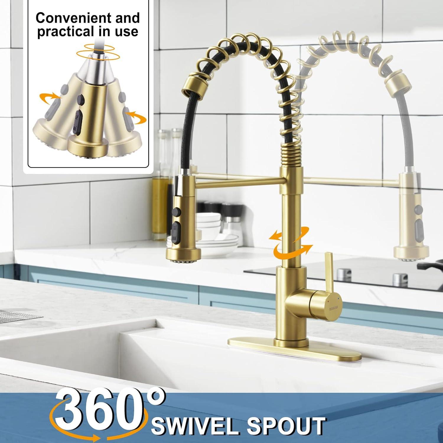 Brushed Gold Stainless Steel Kitchen Faucet with Pull-out Spray