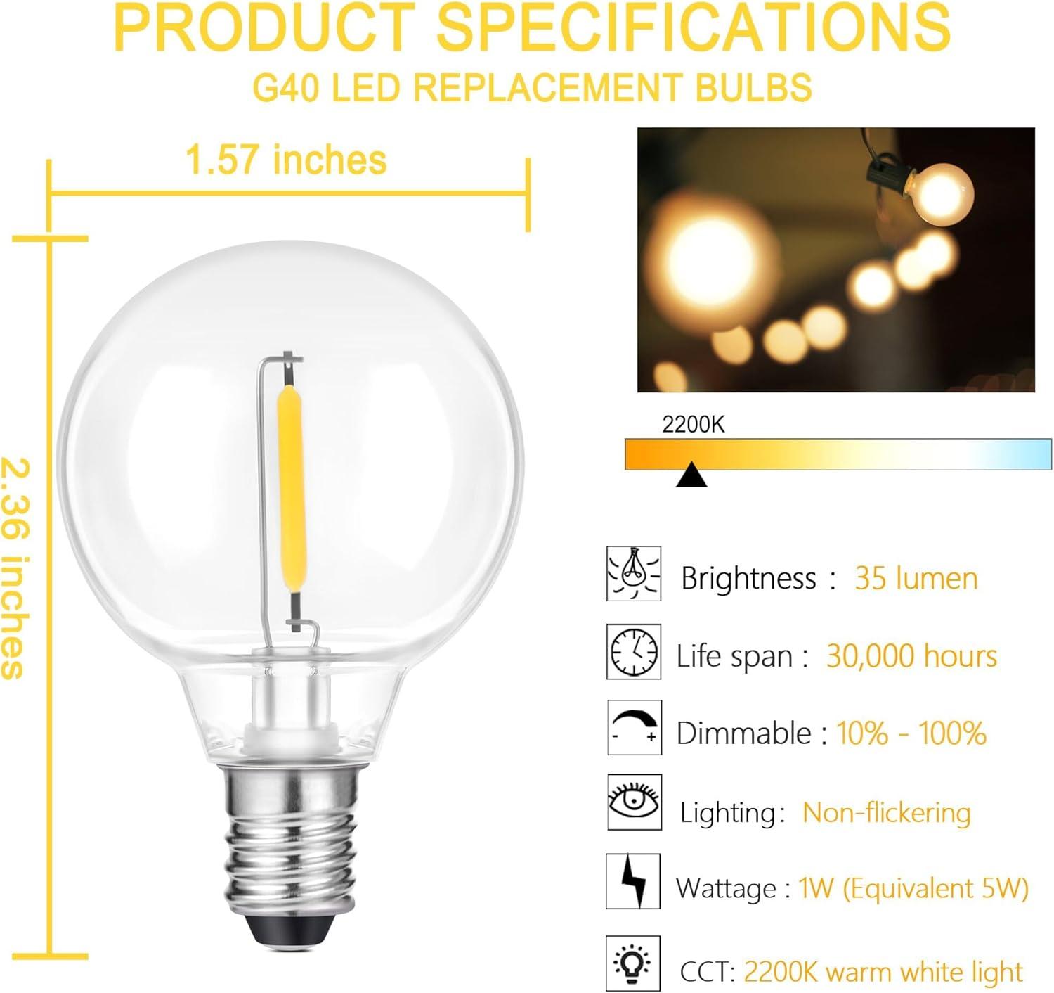 KY G40 Replacement LED Light Bulbs, 25 Pack Clear Globe Bulb fits E12 C7 Candelabra Screw Base Sockets, 1.5 Inch Dimmable Edison Light Bulbs for Indoor Outdoor Patio Decor, Warm White