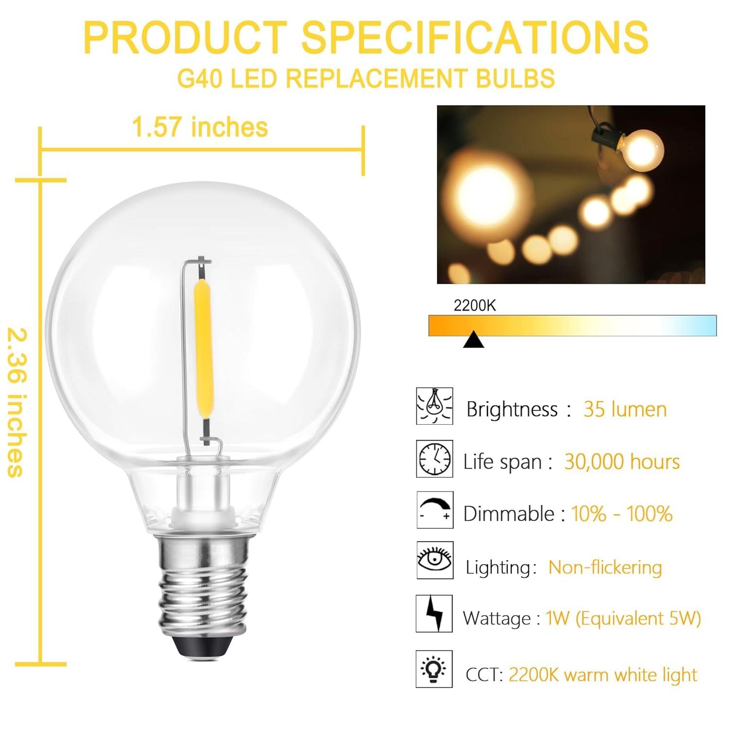 KY G40 Replacement LED Light Bulbs, 25 Pack Clear Globe Bulb fits E12 C7 Candelabra Screw Base Sockets, 1.5 Inch Dimmable Edison Light Bulbs for Indoor Outdoor Patio Decor, Warm White