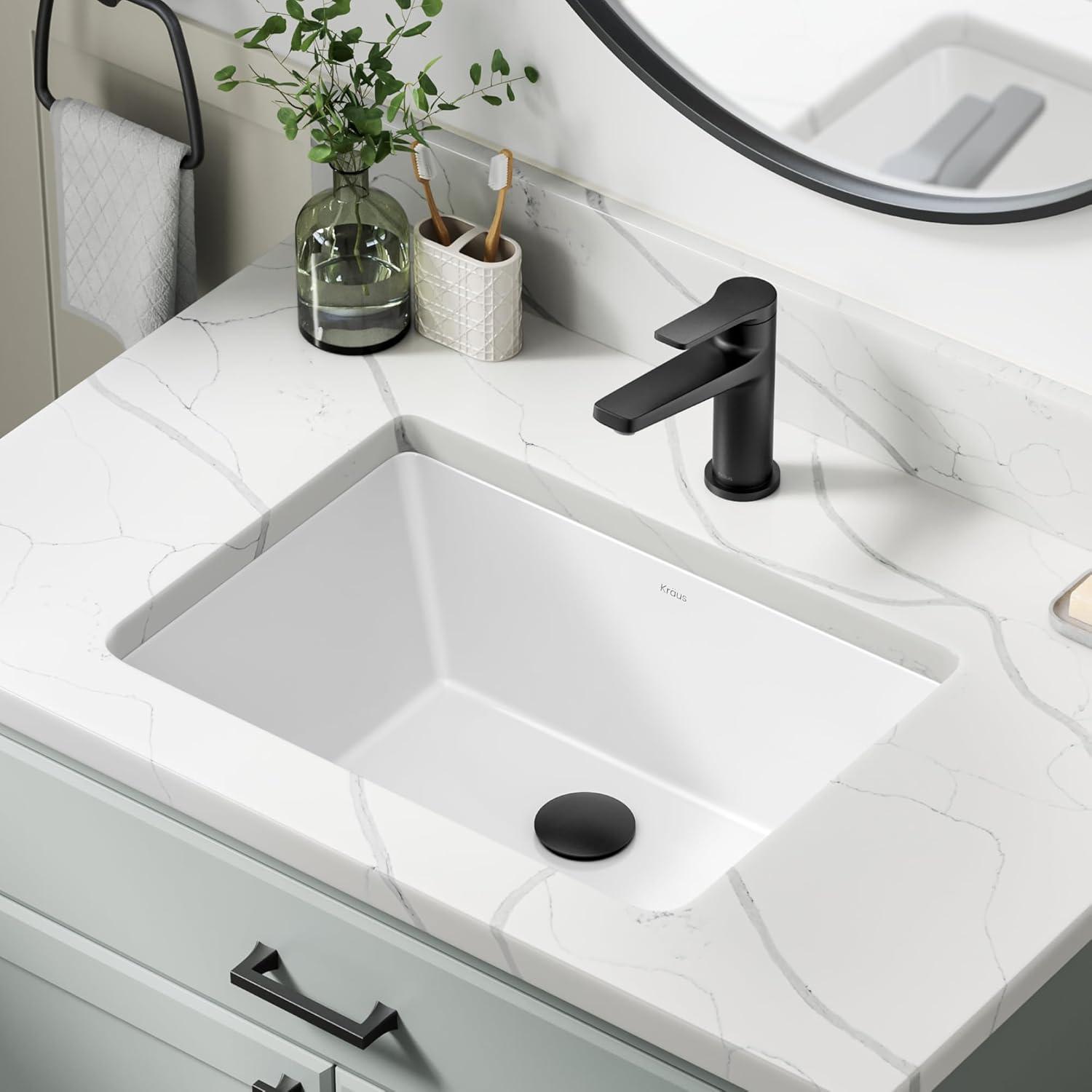 KRAUS Elavo. Rectangular Porcelain Ceramic Undermount Bathroom Sink In White With Overflow Drain, KCU-244