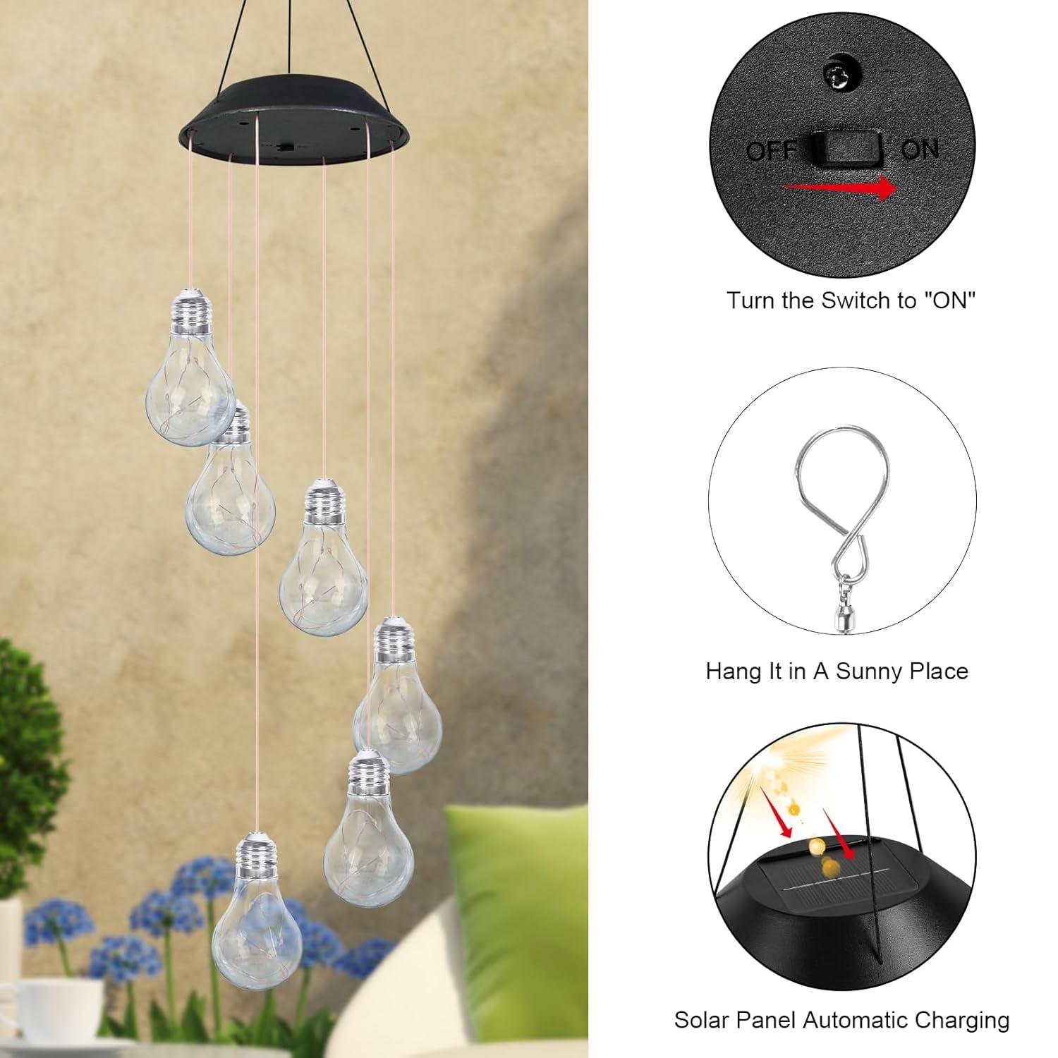 Colorful Lights Solar Wind Chimes for Outside,Wind Chimes Solar Light Bulb Ball for Garden Patio Outdoor Decor,Hanging Lights for Women Grandma Mom Birthday,Christmas Decor for Outdoor Garden Balcony