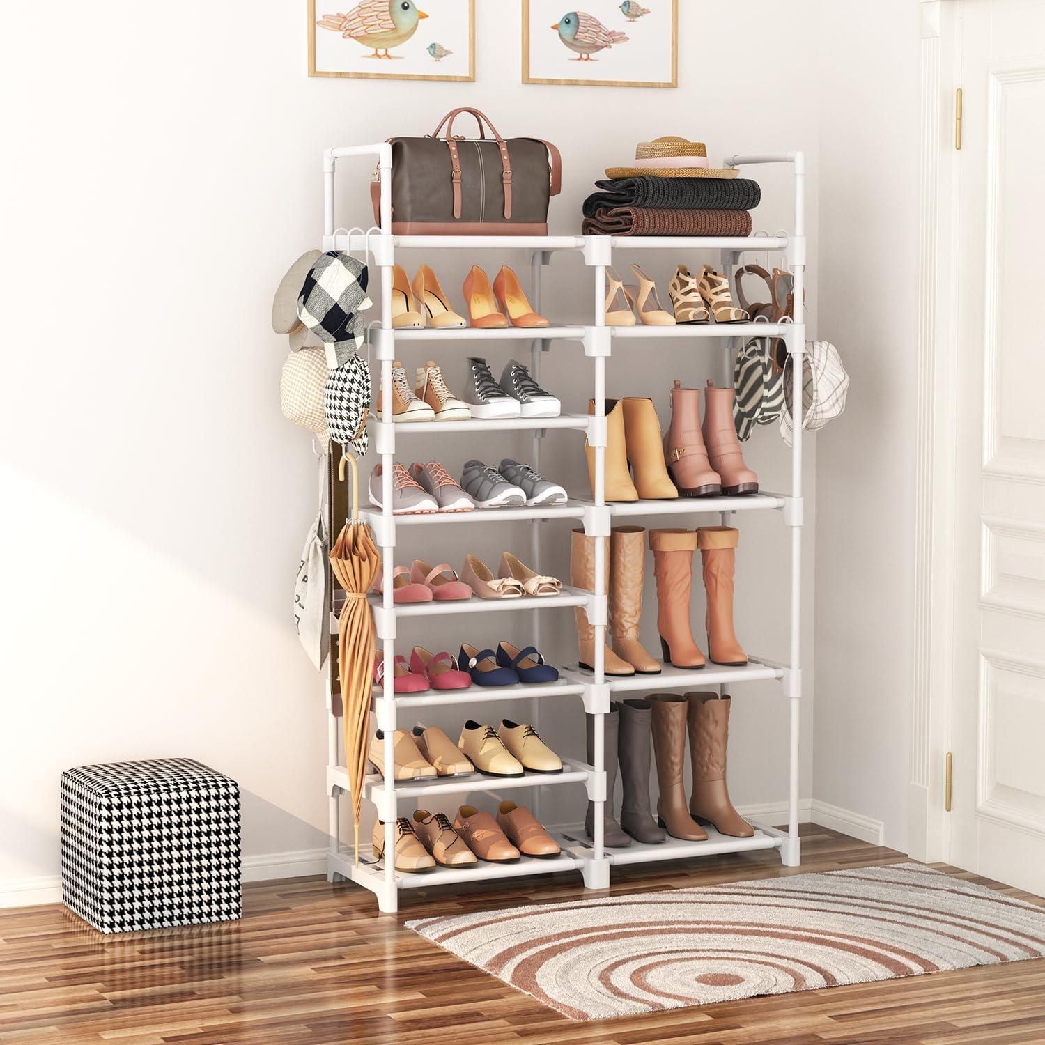 White Stackable 8-Tier Plastic Shoe Rack with Hooks