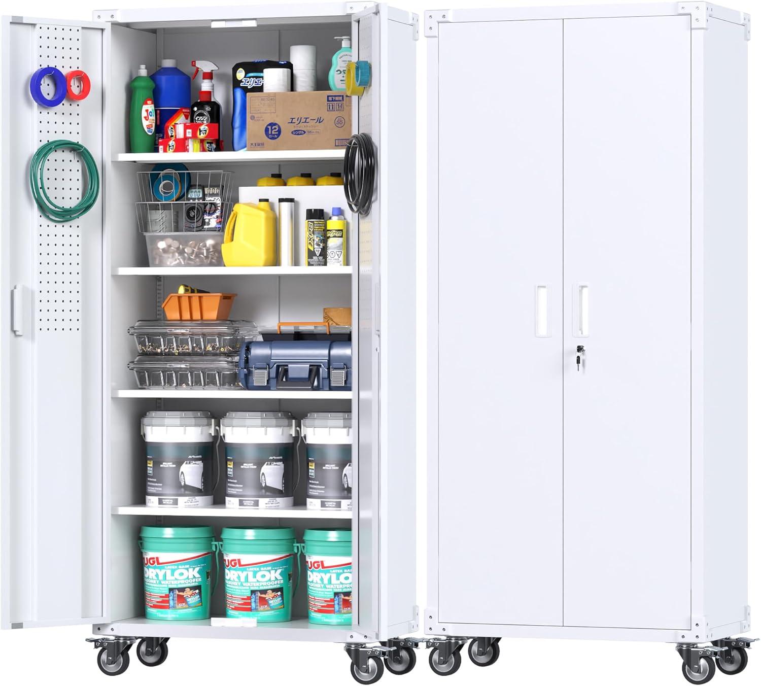Aobabo Metal Storage Cabinet with Wheels & Pegboards,Office Storage Cabinet with Lock & Shelves,72'' H Steel Garage Cabinet for Office Home Storage,White Required-Assembly