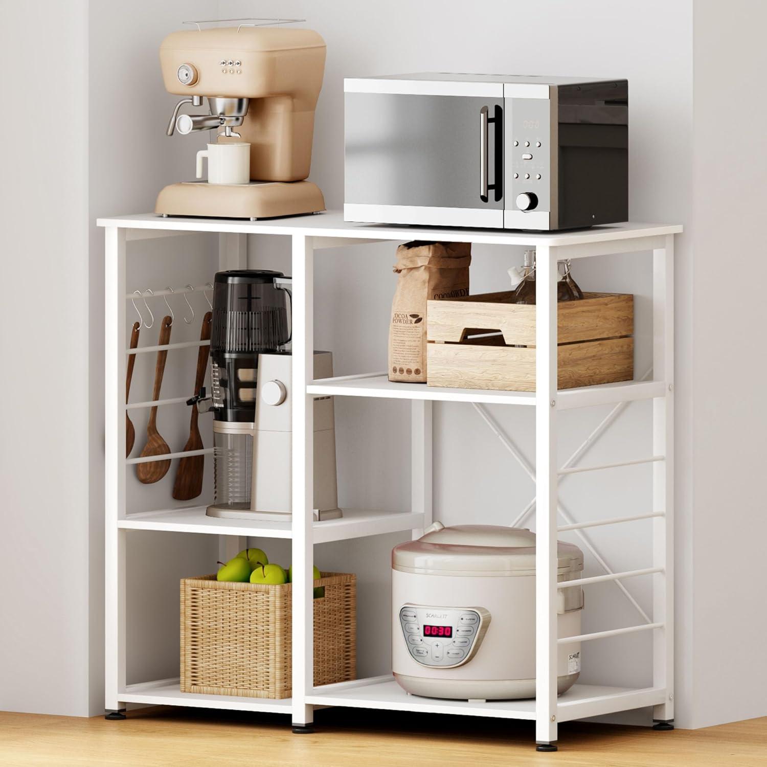 SDHYL Coffee Bar, 35 inch Bakers Rack Microwave Stand with 4 Storage Shelves, Kitchen Shelves Organizers Bakers Racks with Storage, Microwave Table Coffee Station Table for Home Kitchen, White