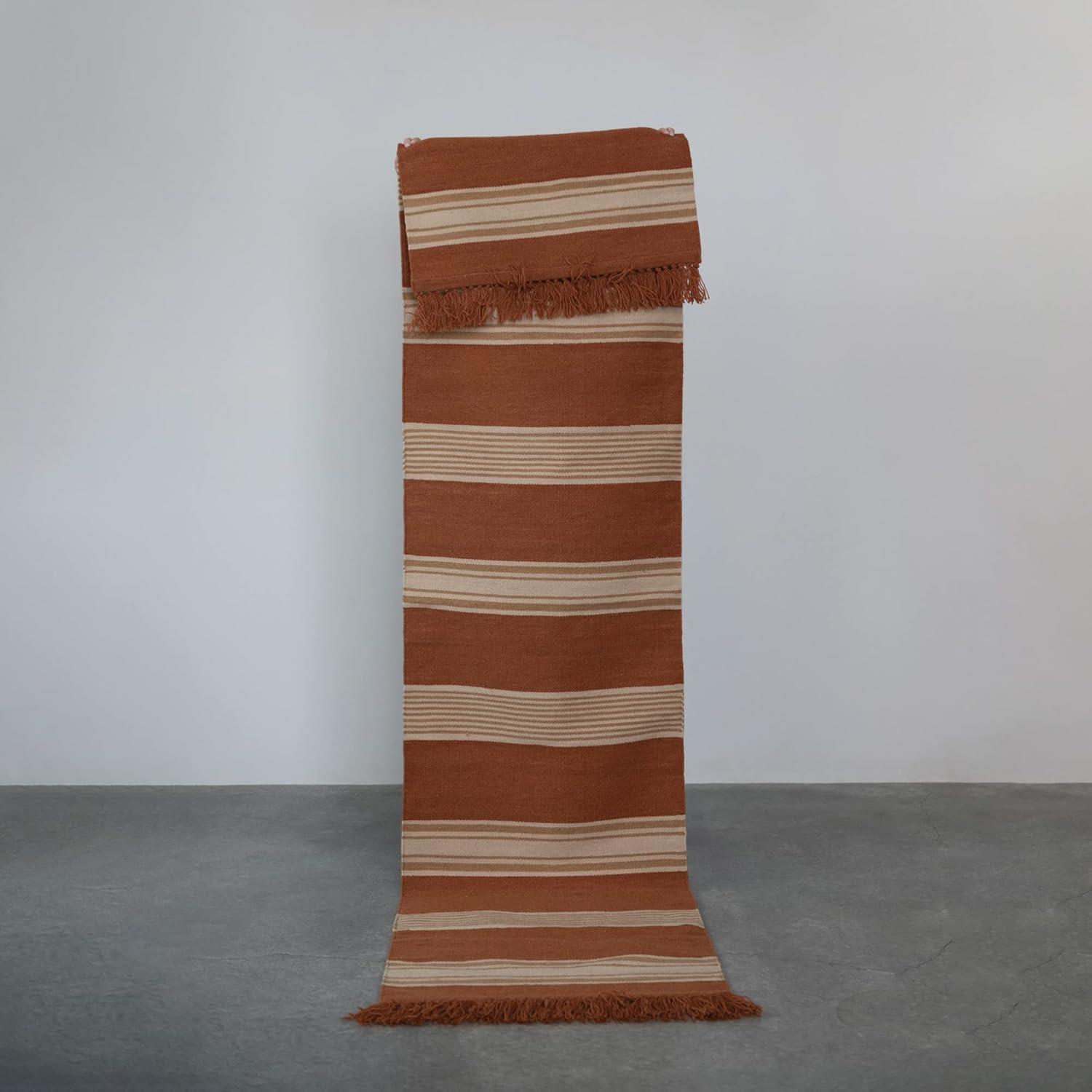 Creative Co-Op Handwoven Wool and Cotton Kilim Floor Runner and Fringe, Sienna and Camel