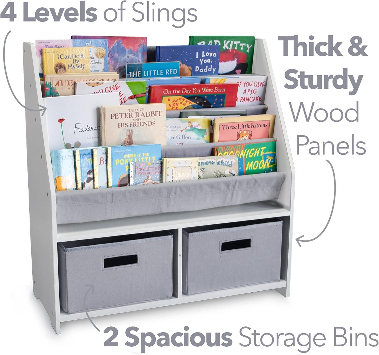 WonkaWoo Kids Sling Bookshelf Wooden Book Rack, Canvas Slings and 2 Storage Toys Organizer, White Bookshelf with Grey Slings