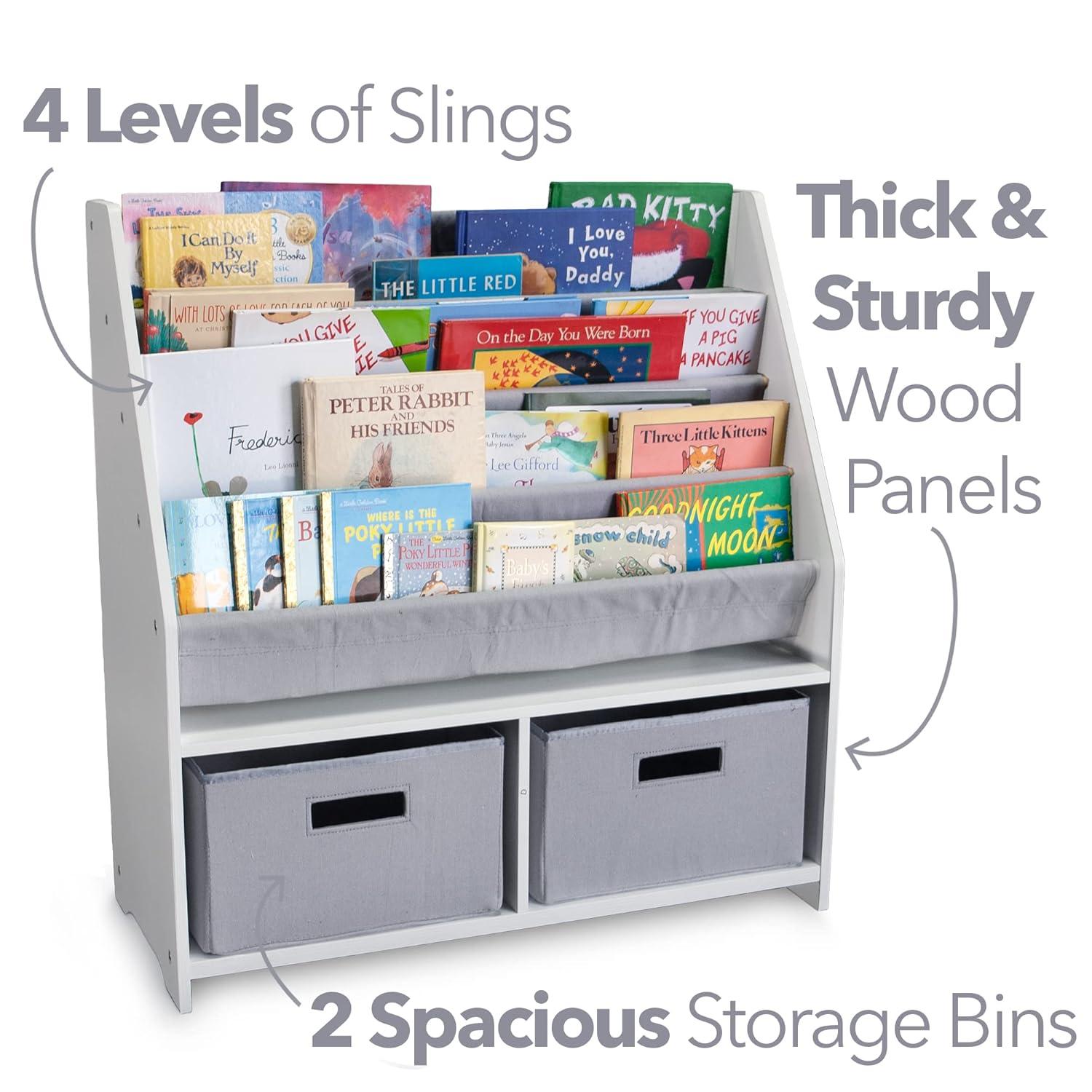 WonkaWoo Kids Sling Bookshelf Wooden Book Rack, Canvas Slings and 2 Storage Toys Organizer, White Bookshelf with Grey Slings