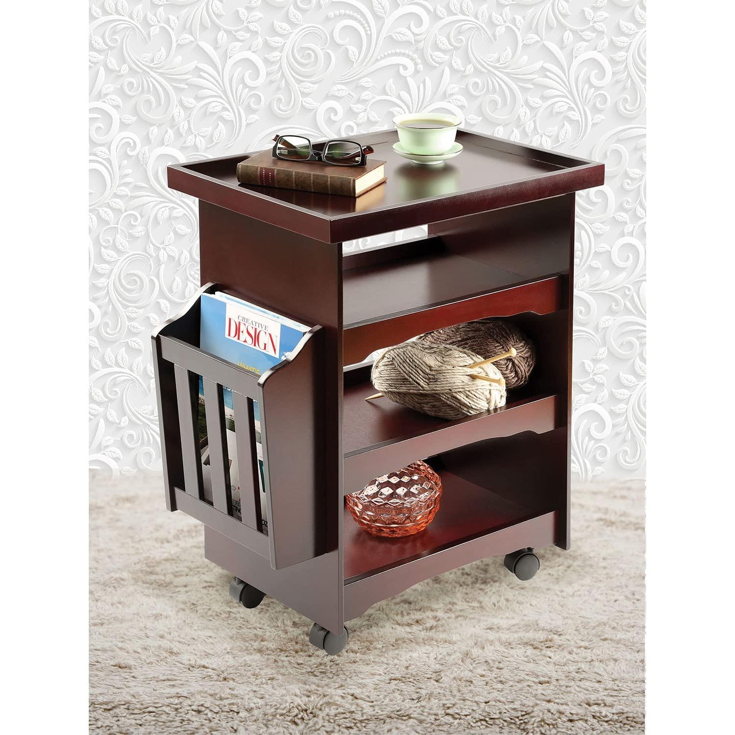 ETNA Rolling Bar Cart Multipurpose End Table with Wheels Narrow Side Table with Magazine Rack, Mahogany Wood Finish, 24" H x 21" L x 14" W