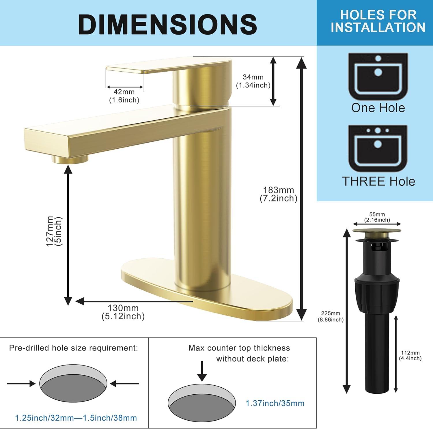 Brushed Gold Bathroom Faucet Gold Bathroom Sink Faucet Single Handle Gold Bathroom Faucet Modern Single Hole Faucet Bathroom with Pop-up Sink Drain Stopper & Deck Plate 1 or 3 Hole Bathroom Faucet