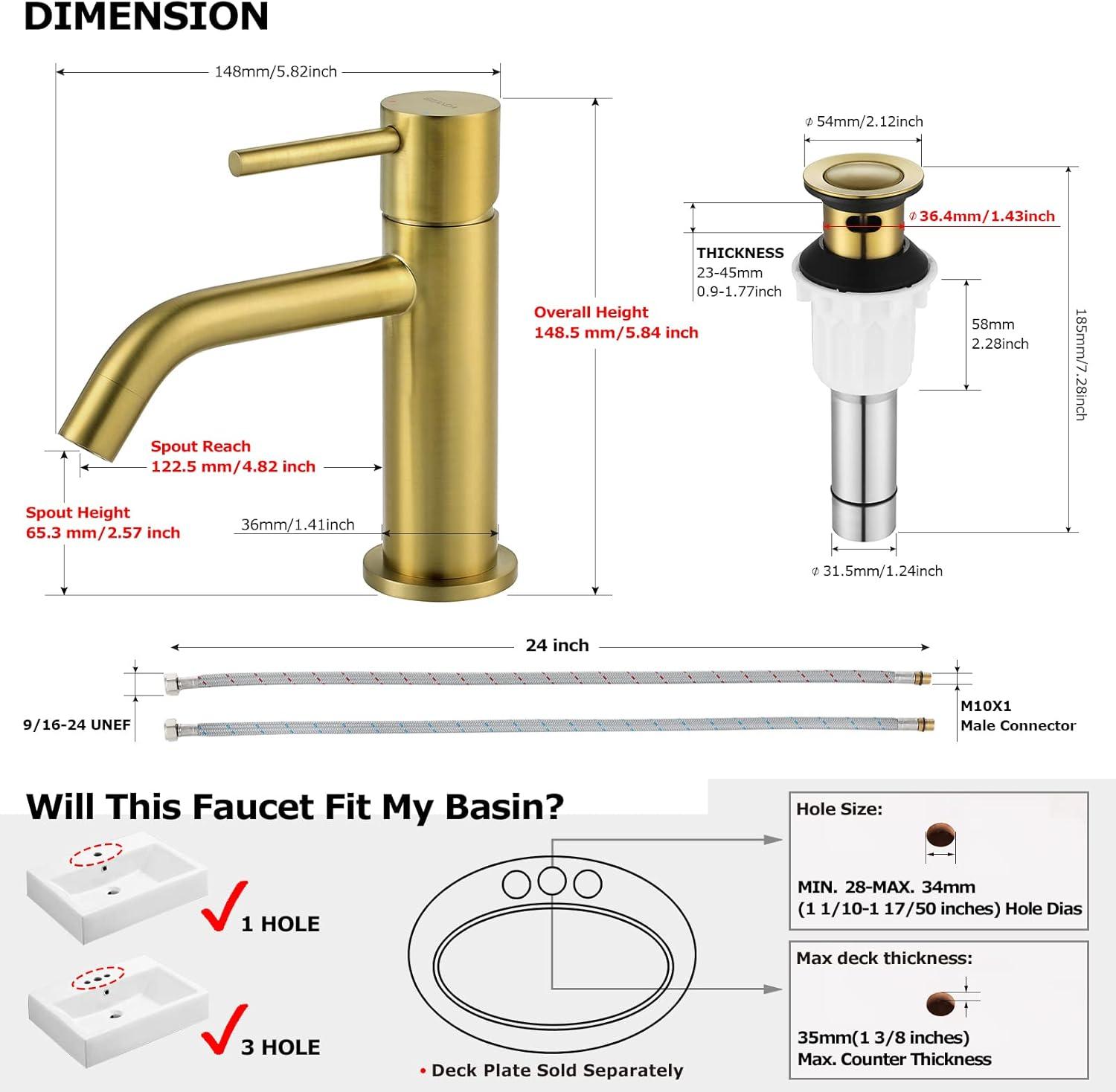 Brushed Gold Brass Single Handle Bathroom Faucet with Pop-Up Drain