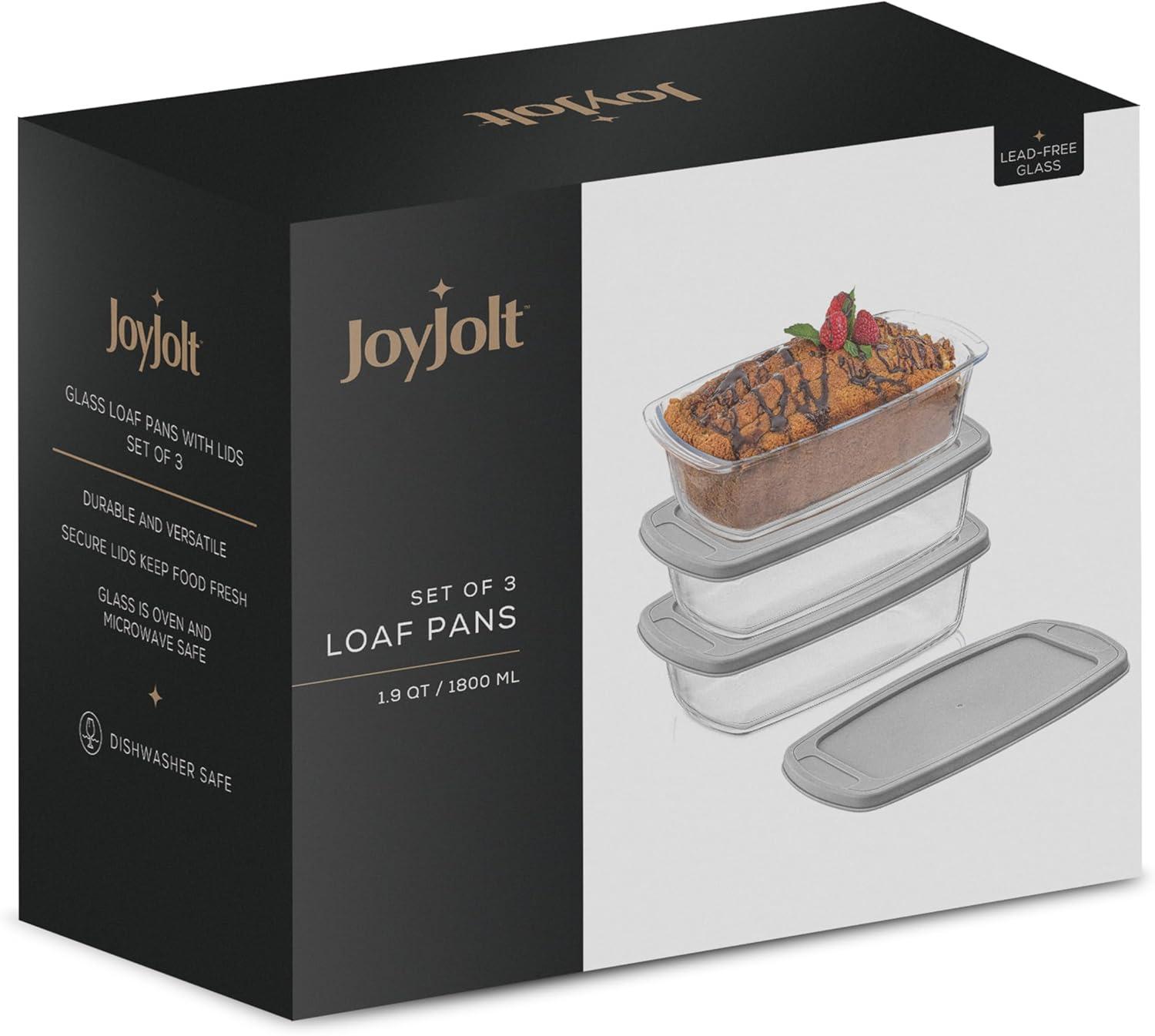 JoyJolt Glass Bakeware Containers for Loaf,  Bread, Cakes Pans Baking Containers with Lids - Set of 3 - Grey