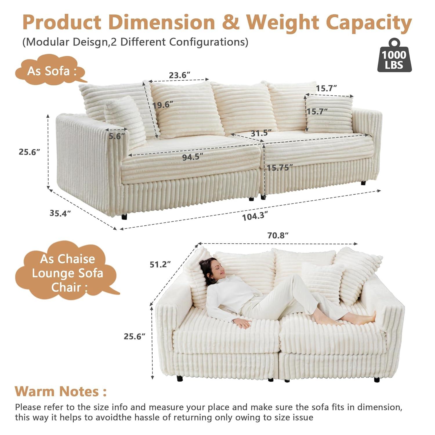 104.3'' Cloud Sectional Couch,Oversized Living Room Convertible Sofa, Plush Corduroy Sofa W/6 Soft Pillows,4-Seat Memory Foam Couches,Plush Couch for Living Room, Apartment (Beige)