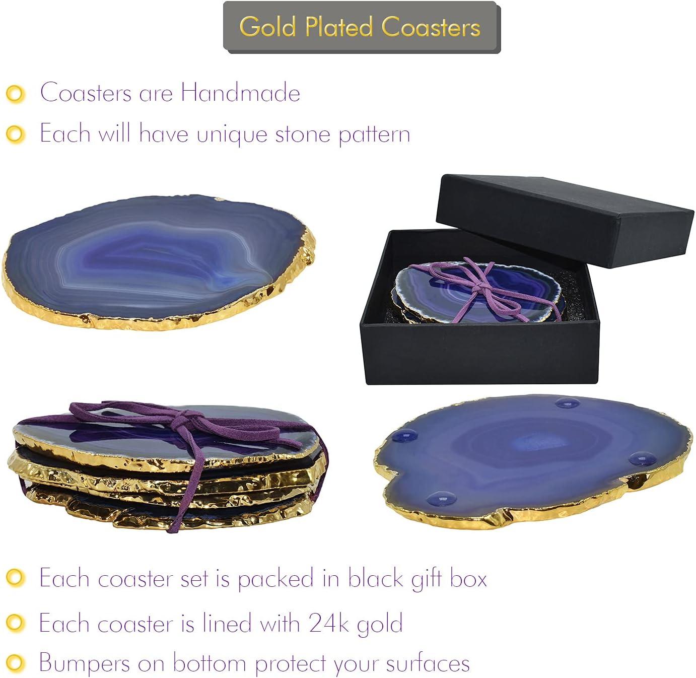 Purple and Gold Rimmed Round Agate Stone Coasters Set