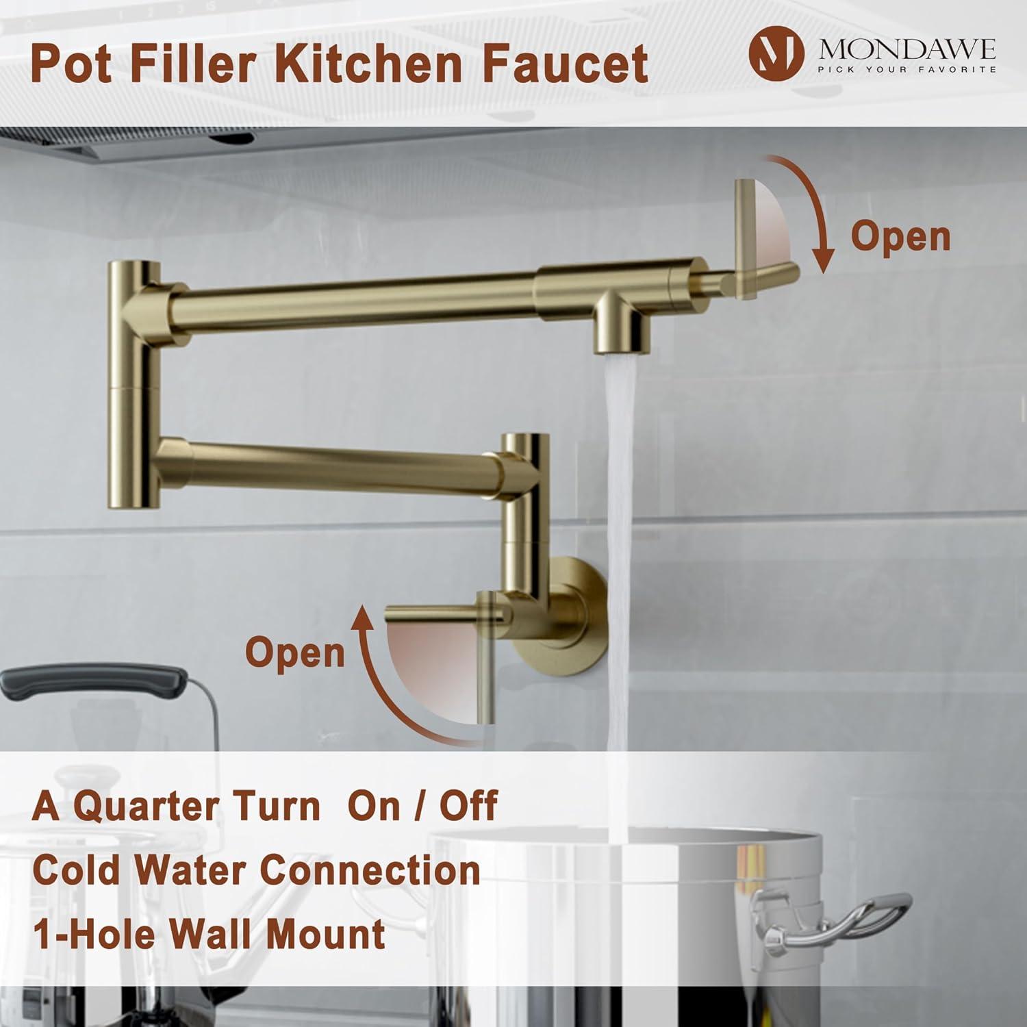 Pot Filler Faucet Wall Mount Kitchen Sink Faucet Stove Pot Filling Faucet with Double Joint Swing Arms Folding Faucet, Solid Brass Material, Lead-Free, Single Hole, Brushed Gold