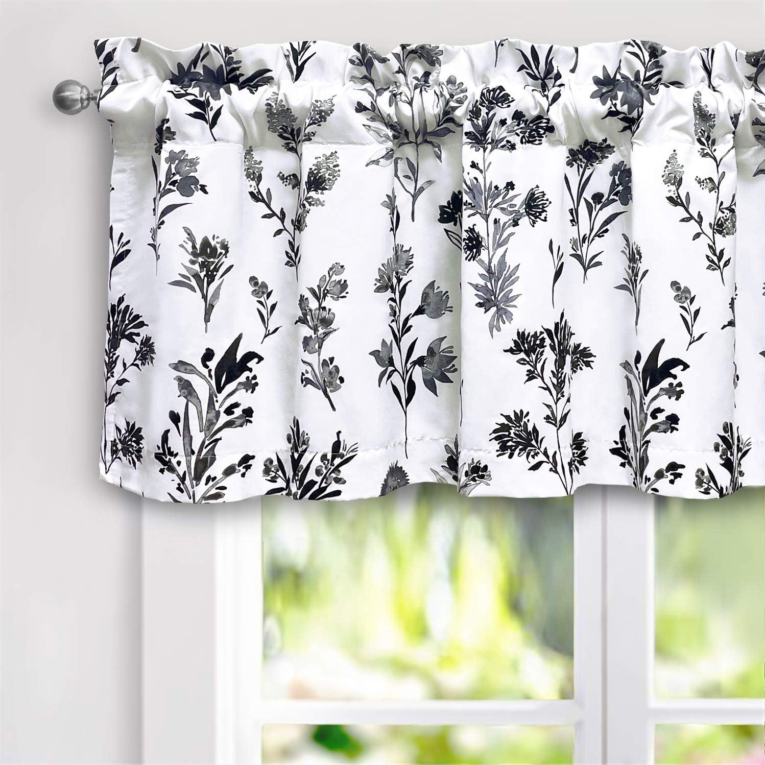 DriftAway Sylvia Floral Botanical Herbs Watercolor Printed Pattern Lined Blackout Thermal Insulated Window Curtain Valance Rod Pocket Single 52" x 18" Plus 2" Header Black White