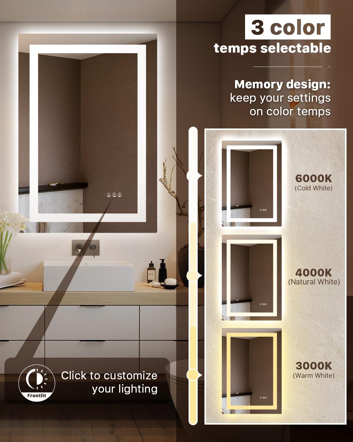 Amorho LED Mirror for Bathroom, 24"X32" with Front and Backlight, Stepless Dimmable Wall Mirrors with Anti-Fog, Shatter-Proof, Memory, 3 Colors, Double LED Vanity Mirror(Horizontal/Vertical)