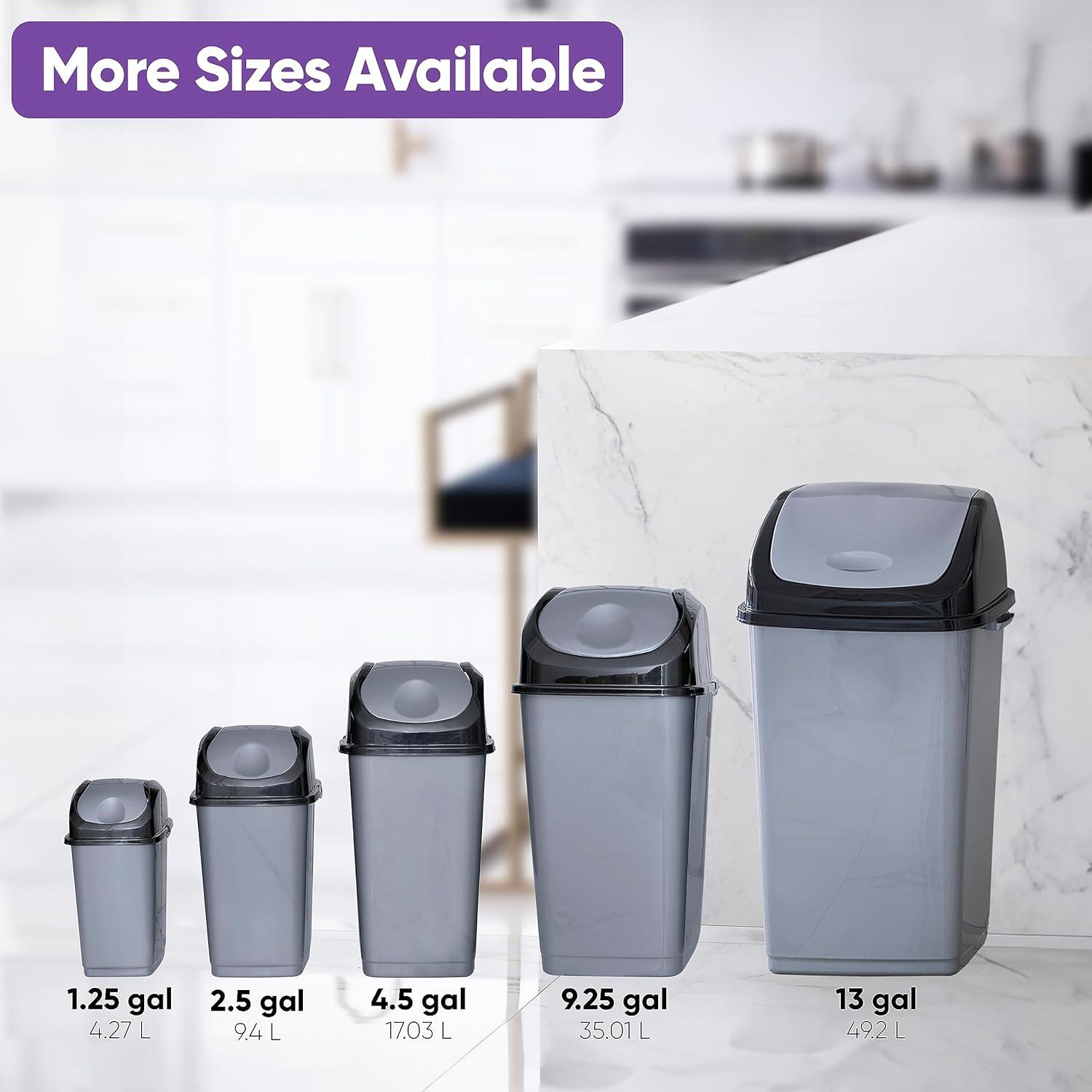 Compact Gray Plastic Trash Can with Swing Lid, 2-Pack