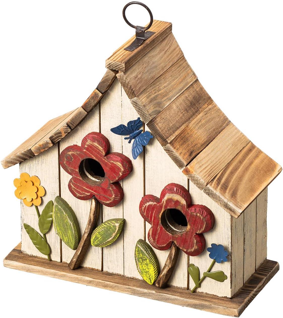 Distressed White Wooden Two-Story Garden Birdhouse with 3D Flowers