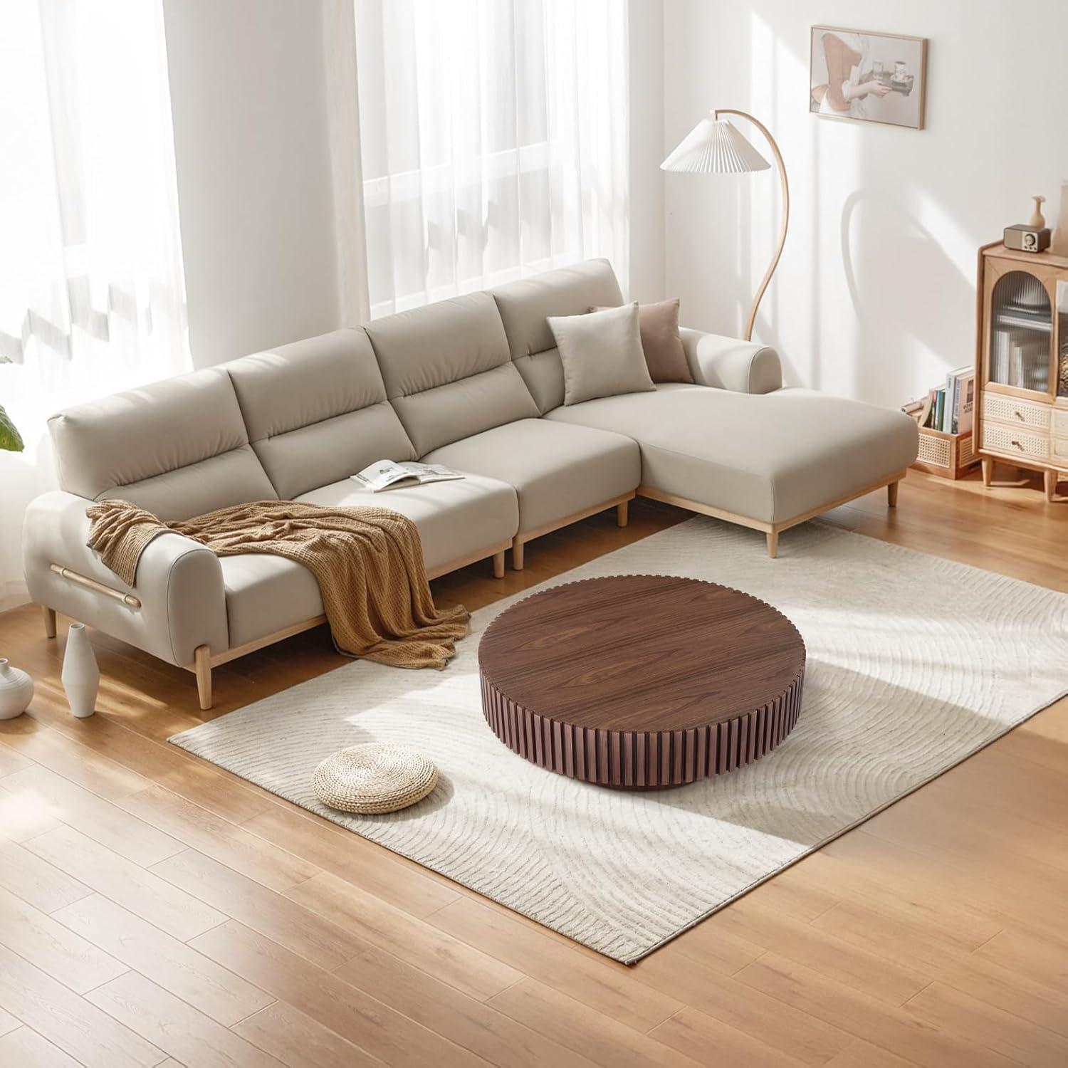 31.49'' Round Coffee Table, Wood End Table for Living Room, Modern Contemporary Circle Fluted Drum Side Table, Easy Assembly for Small Space, Walnut