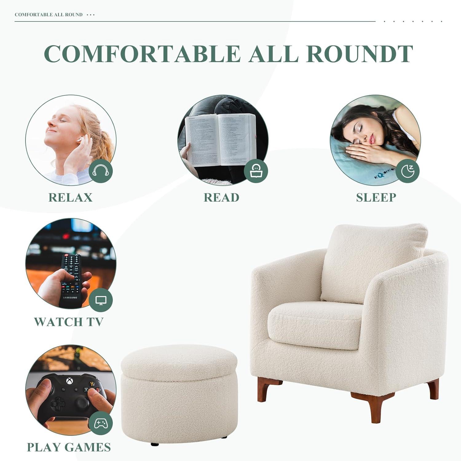 Fluffy Accent Reading Chair with Ottoman      Cream