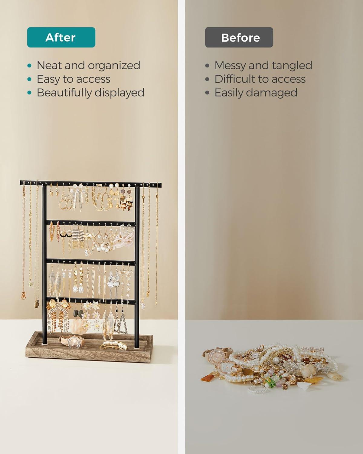 SONGMICS Jewelry Organizer, 4-Tier Earring Holder Organizer Stand with Base Tray, for Studs and Necklaces, Vintage, Wood Color and Black UJJS019B01