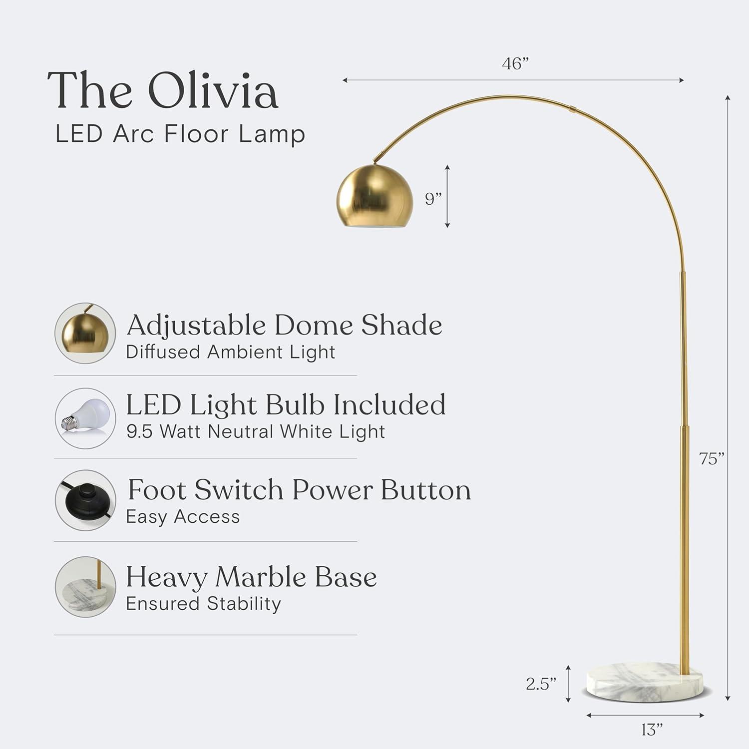 Brightech Olivia Floor Lamp, Arc Lamp for Living Rooms, Standing Lamp With LED Light Bulbs for Bedroom Reading, Great Living Room Décor, Tall Lamp for Offices – Brass/Gold