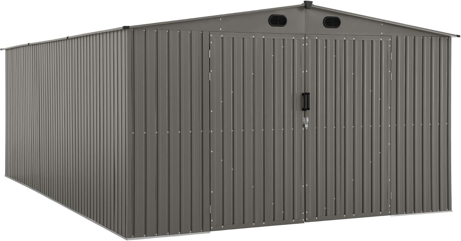 Sunjoy Outdoor Storage Shed 13 x 20 ft. Carport, Patio Metal Utility Large Storage Shed Garage with 2 Doors and 4 Vents, for Car, Truck, Bike, Garbage Can, Tool, Lawnmower, Light Grey