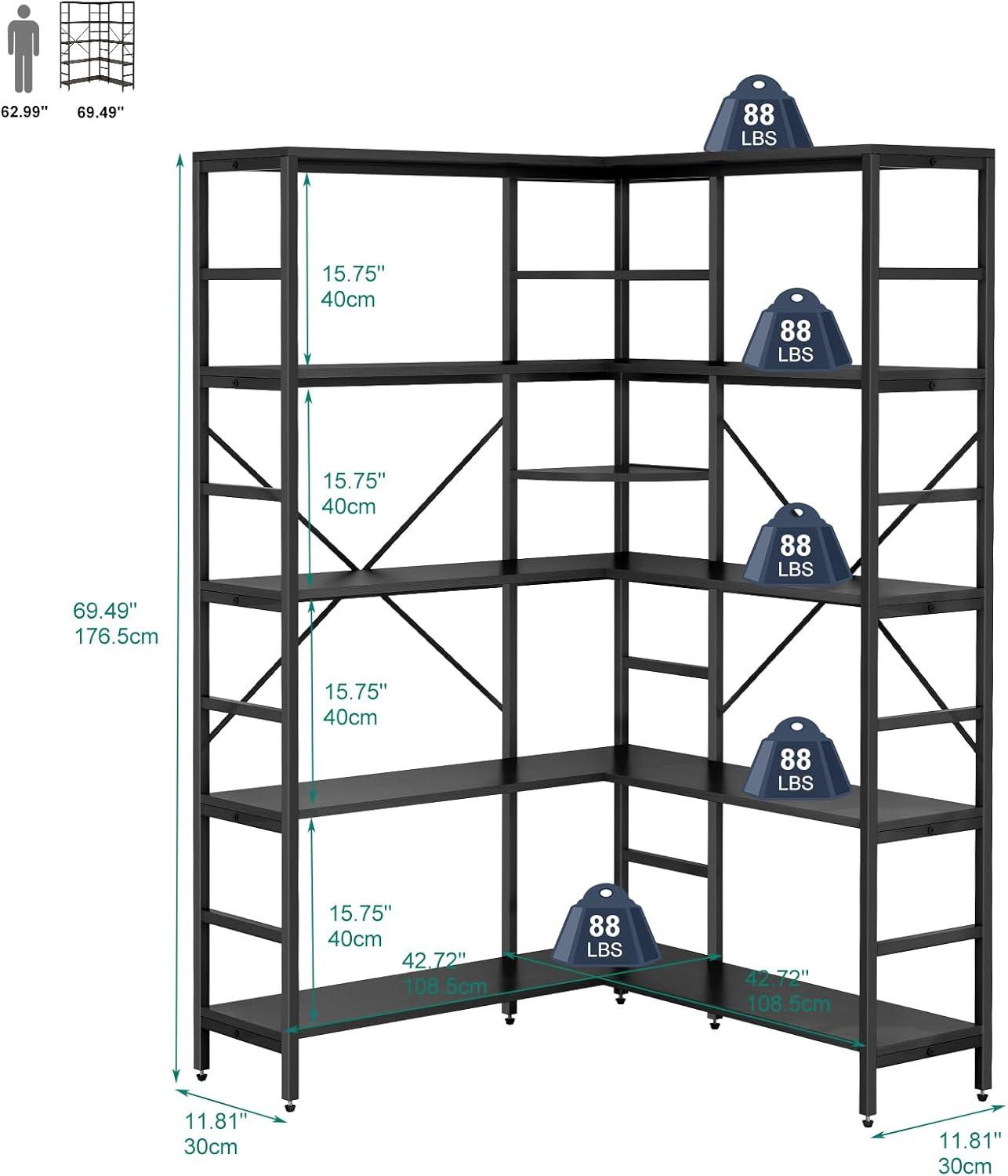 L-Shaped Corner Bookshelf, 5-Tier Industrial Bookcase with Heavy-Duty Metal Frame, Tall Storage Display Shelf for Bedroom, Living Room, and Home Office