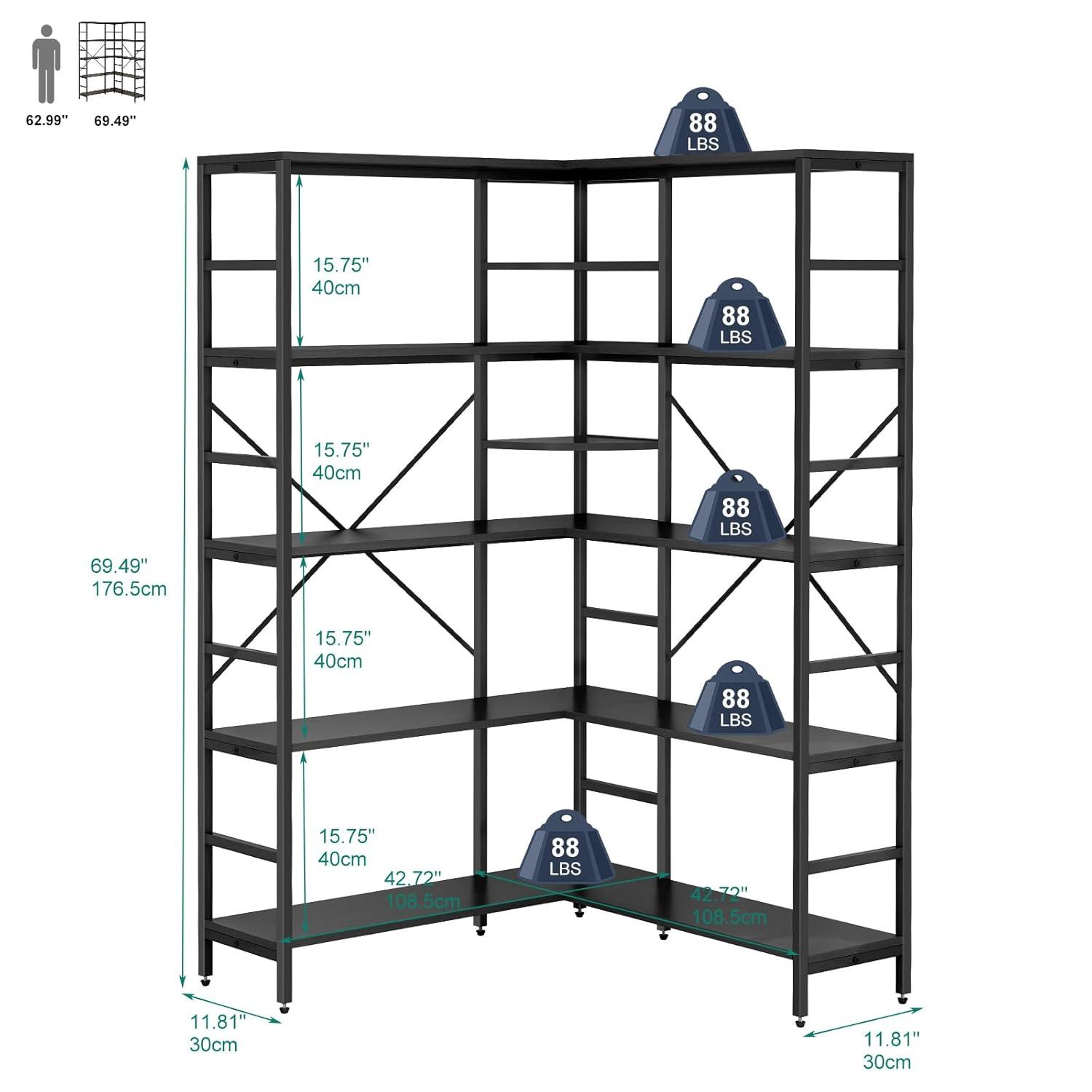 L-Shaped Corner Bookshelf, 5-Tier Industrial Bookcase with Heavy-Duty Metal Frame, Tall Storage Display Shelf for Bedroom, Living Room, and Home Office