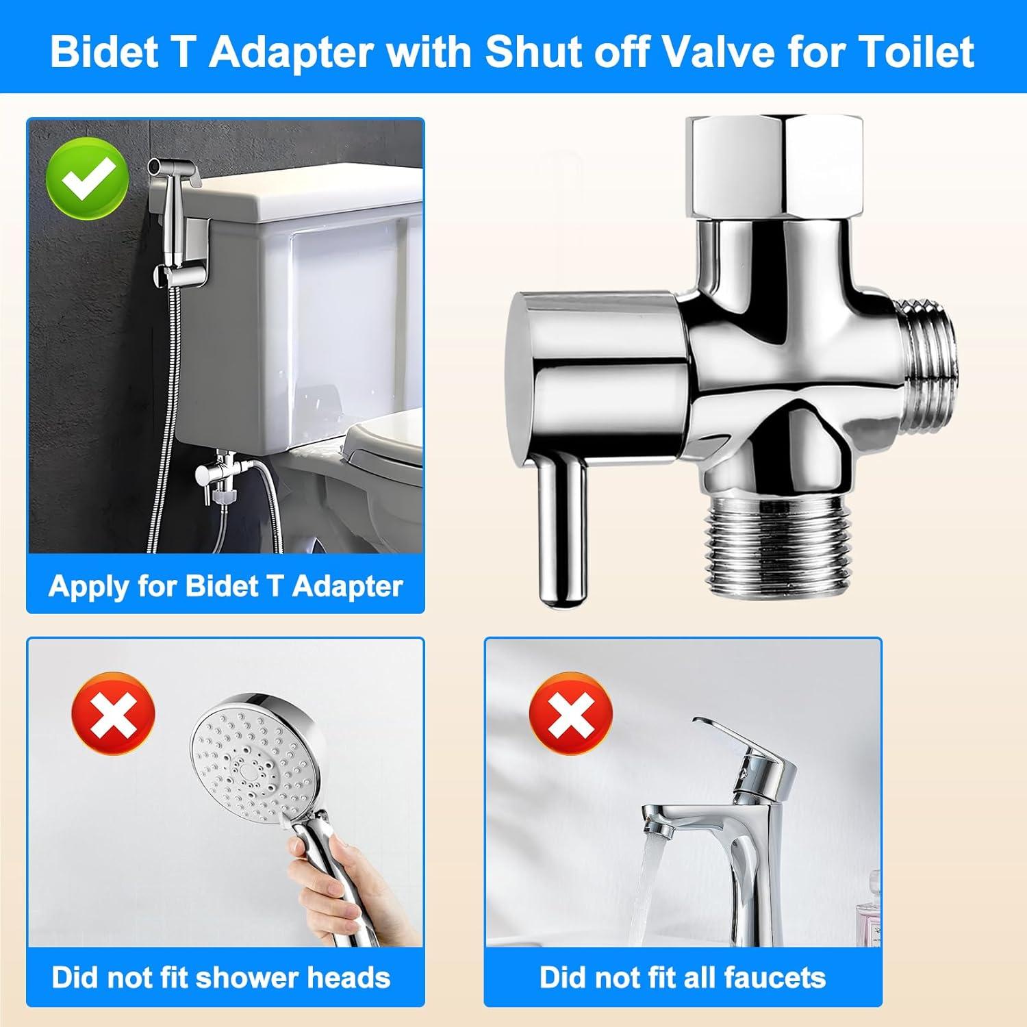 Bidet T Adapter with Shut-off Valve: 3 Way Brass T-valve for Bidet 7/8”X 7/8”X 1/2” - Tee Connector Leakproof Adjust Water Pressure Bidet Toilet Attachment Bathroom Installation