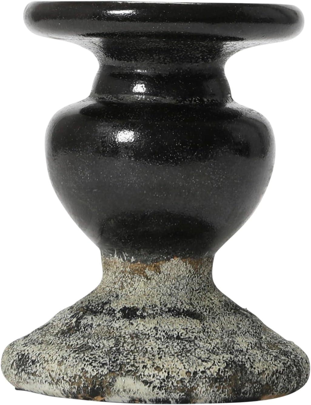 Distressed Black Terracotta 2-Tone Pillar Candle Holder